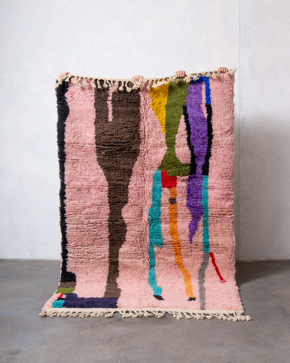 Modern, designer, handcrafted Berber rug from Morocco. Vintage carpet with beautiful colours and patterns and fluffy texture.