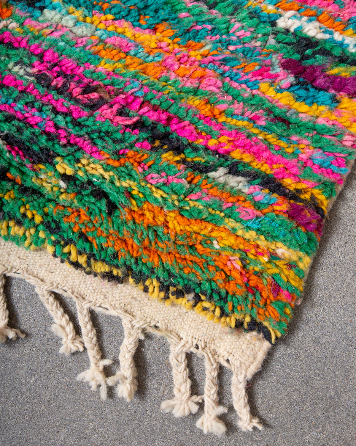 Modern, designer, handcrafted Berber rug from Morocco. Vintage carpet with beautiful colours and patterns and fluffy texture.