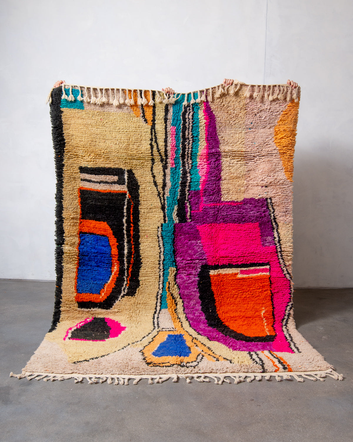 Modern, designer, handcrafted Berber rug from Morocco. Vintage carpet with beautiful colours and patterns and fluffy texture.