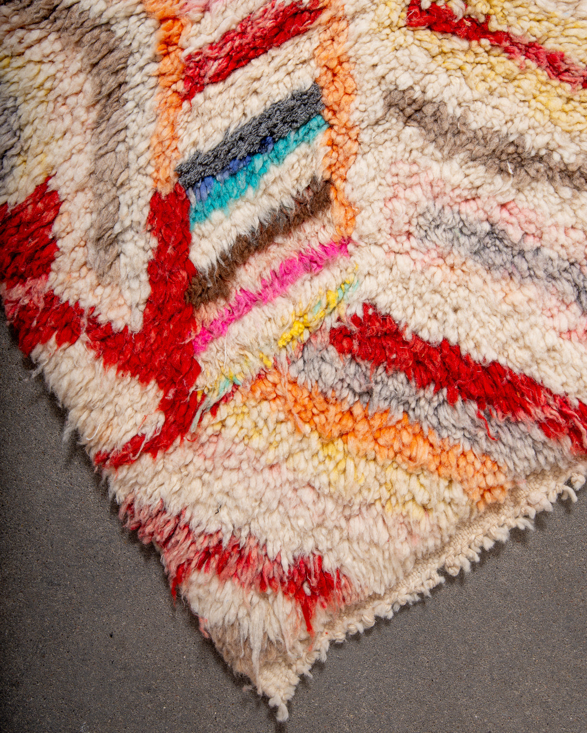 Modern, designer, handcrafted Berber rug from Morocco. Vintage carpet with beautiful colours and patterns and fluffy texture.