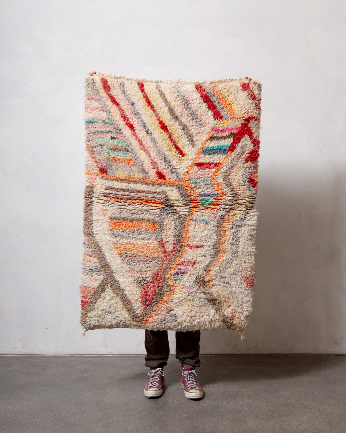 Modern, designer, handcrafted Berber rug from Morocco. Vintage carpet with beautiful colours and patterns and fluffy texture.