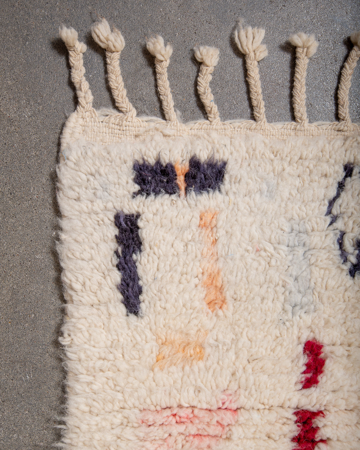 Modern, designer, handcrafted Berber rug from Morocco. Vintage carpet with beautiful colours and patterns and fluffy texture.