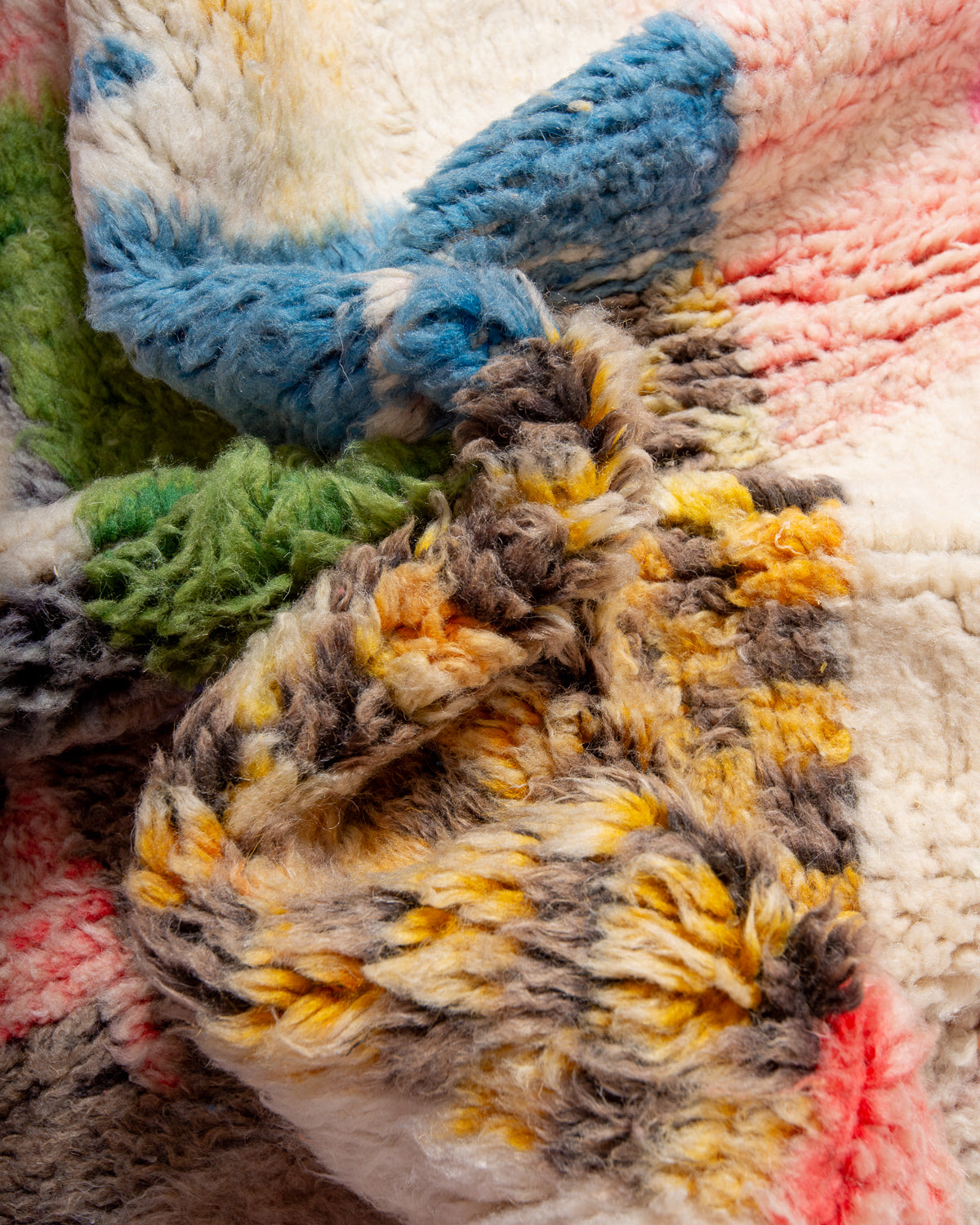 Modern, designer, handcrafted Berber rug from Morocco. Vintage carpet with beautiful colours and patterns and fluffy texture.