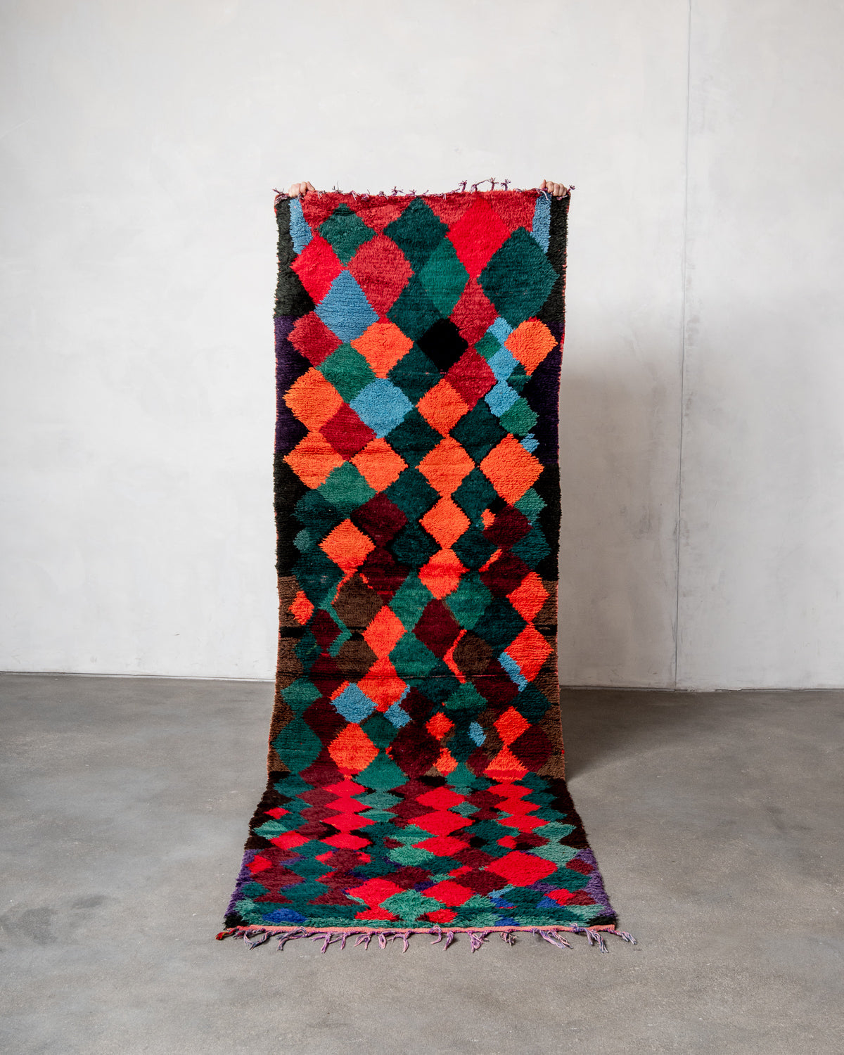 Modern, designer, handcrafted Berber runner rug from Morocco. Vintage carpet with beautiful colours and patterns and fluffy texture.