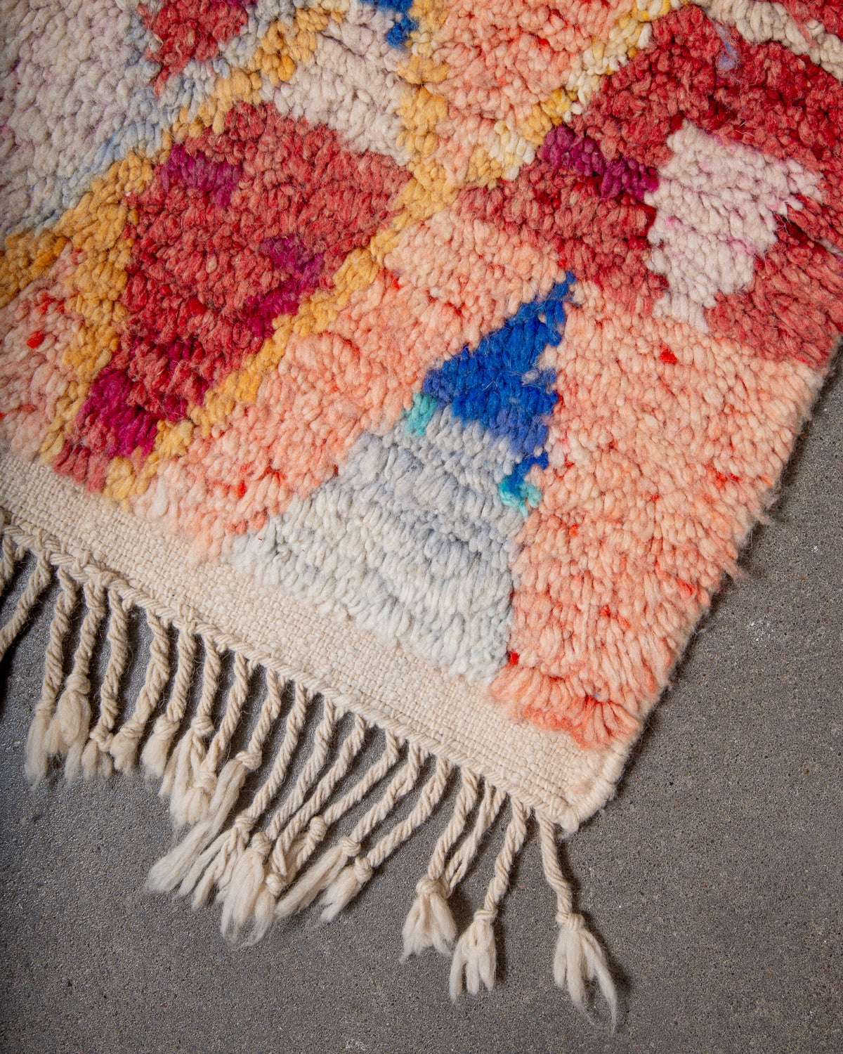Modern, designer, handcrafted Berber rug from Morocco. Vintage carpet with beautiful colours and patterns and fluffy texture.