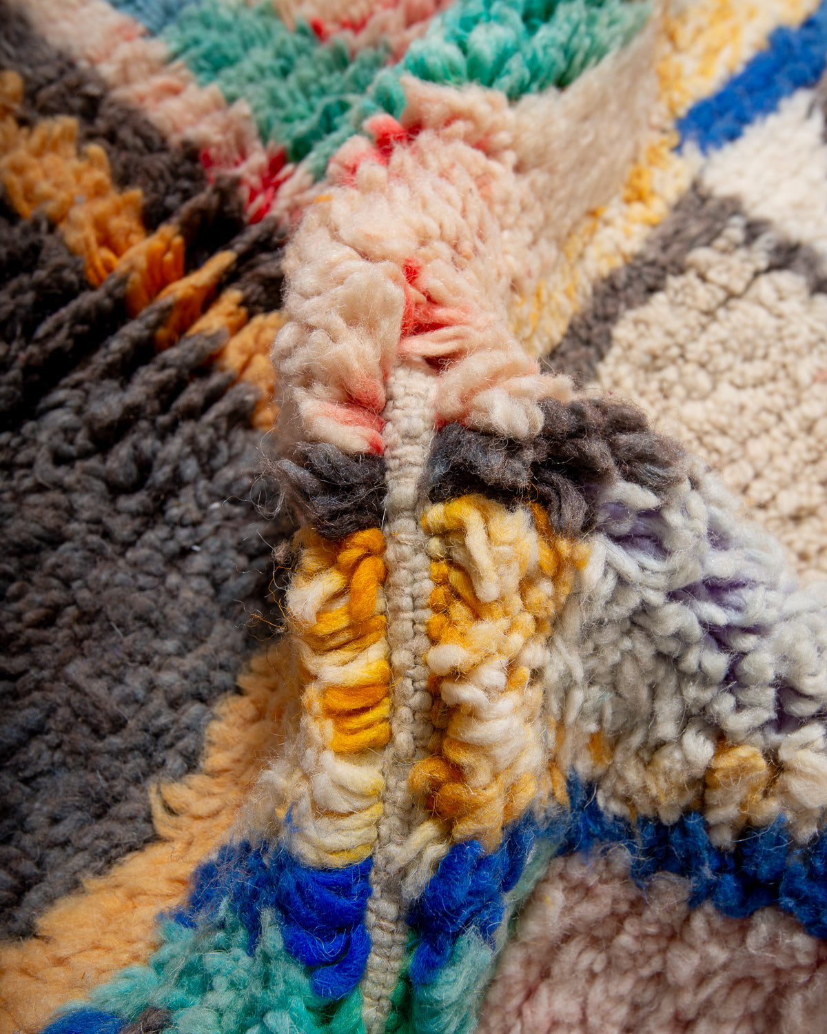 Modern, designer, handcrafted Berber rug from Morocco. Vintage carpet with beautiful colours and patterns and fluffy texture.