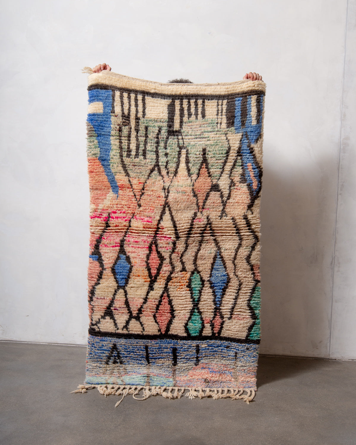 Modern, designer, handcrafted Berber runner rug from Morocco. Vintage carpet with beautiful colours and patterns and fluffy texture.