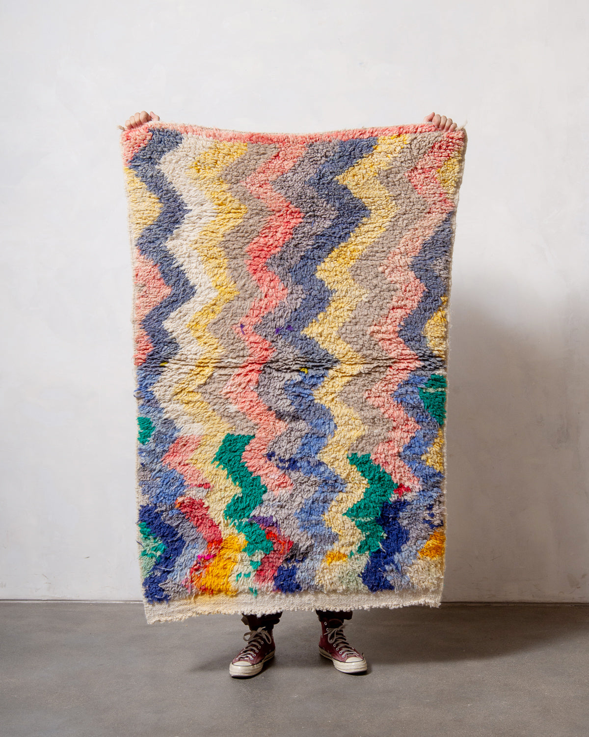 Modern, designer, handcrafted Berber rug from Morocco. Vintage carpet with beautiful colours and patterns and fluffy texture.