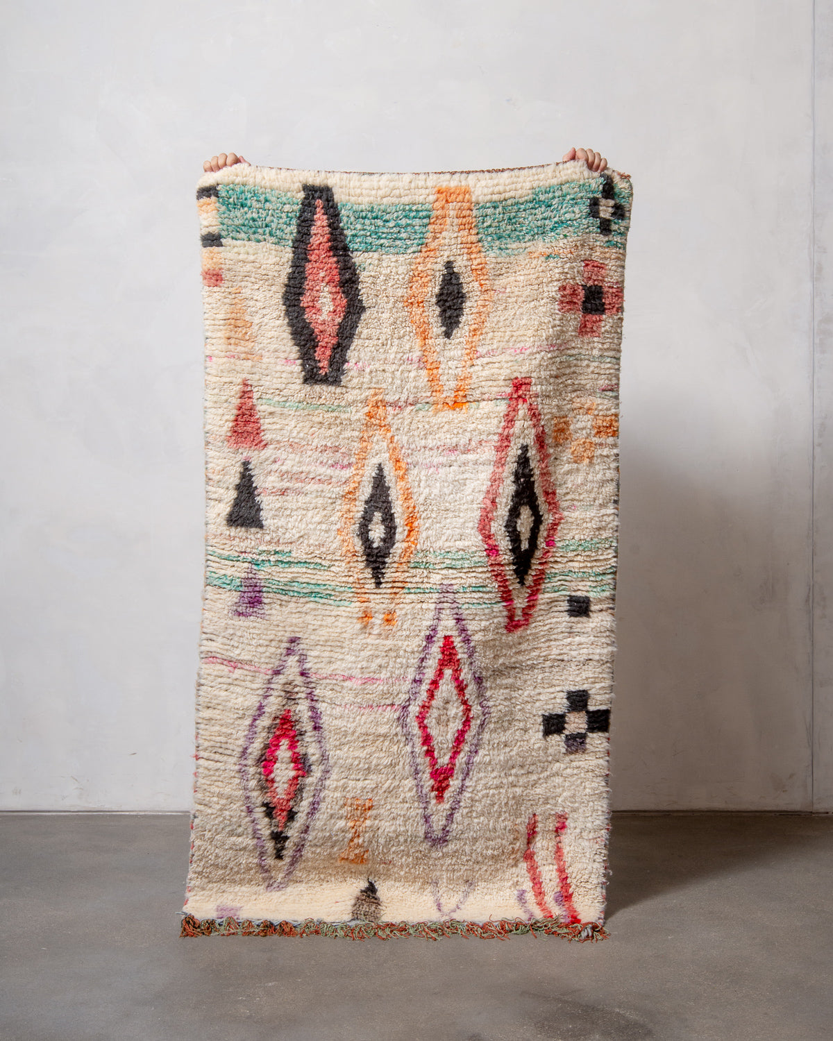 Modern, designer, handcrafted Berber runner rug from Morocco. Vintage carpet with beautiful colours and patterns and fluffy texture.