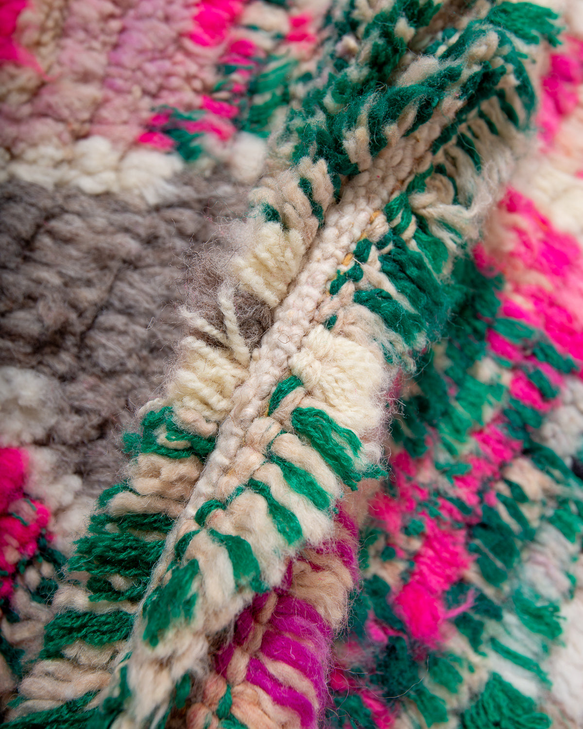 Modern, designer, handcrafted Berber rug from Morocco. Vintage carpet with beautiful colours and patterns and fluffy texture.