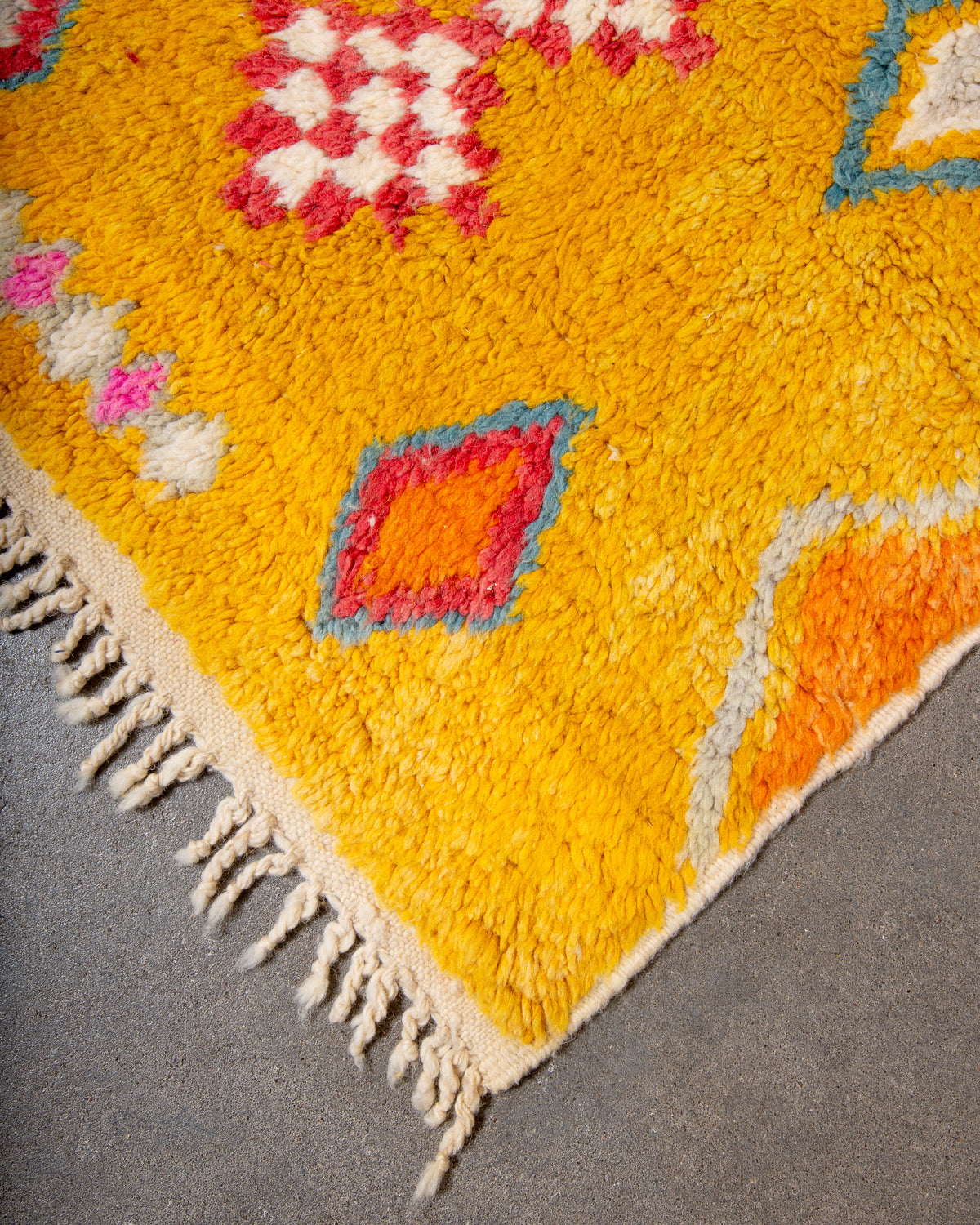 Modern, designer, handcrafted Berber rug from Morocco. Vintage carpet with beautiful colours and patterns and fluffy texture.