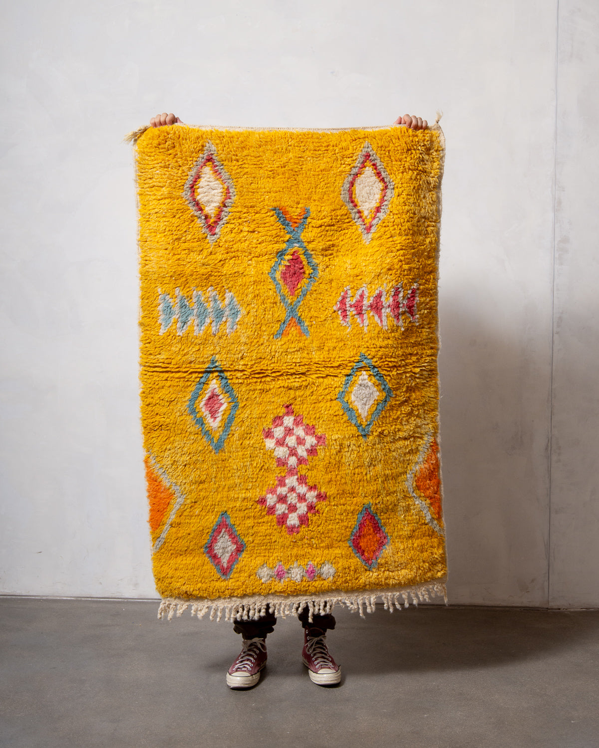 Modern, designer, handcrafted Berber rug from Morocco. Vintage carpet with beautiful colours and patterns and fluffy texture.