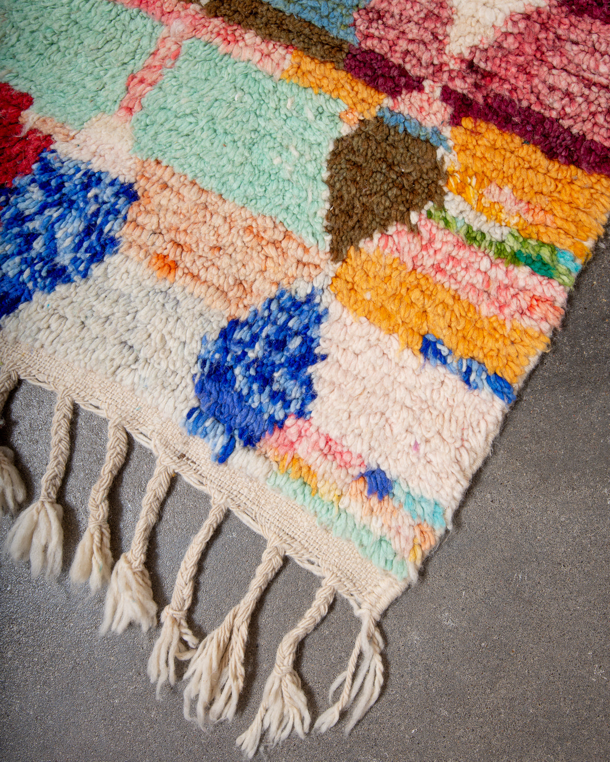 Modern, designer, handcrafted Berber rug from Morocco. Vintage carpet with beautiful colours and patterns and fluffy texture.