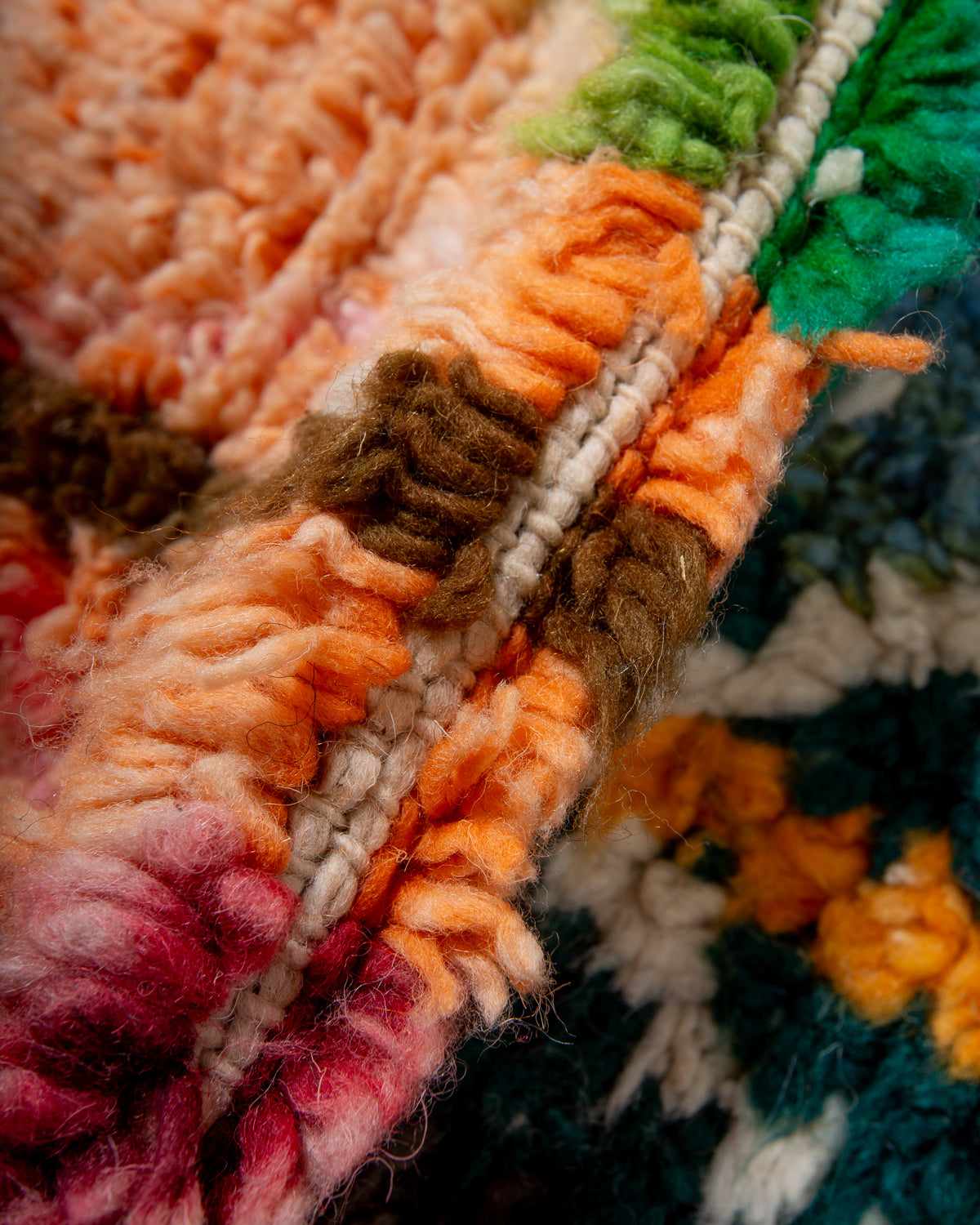 Modern, designer, handcrafted Berber rug from Morocco. Vintage carpet with beautiful colours and patterns and fluffy texture.