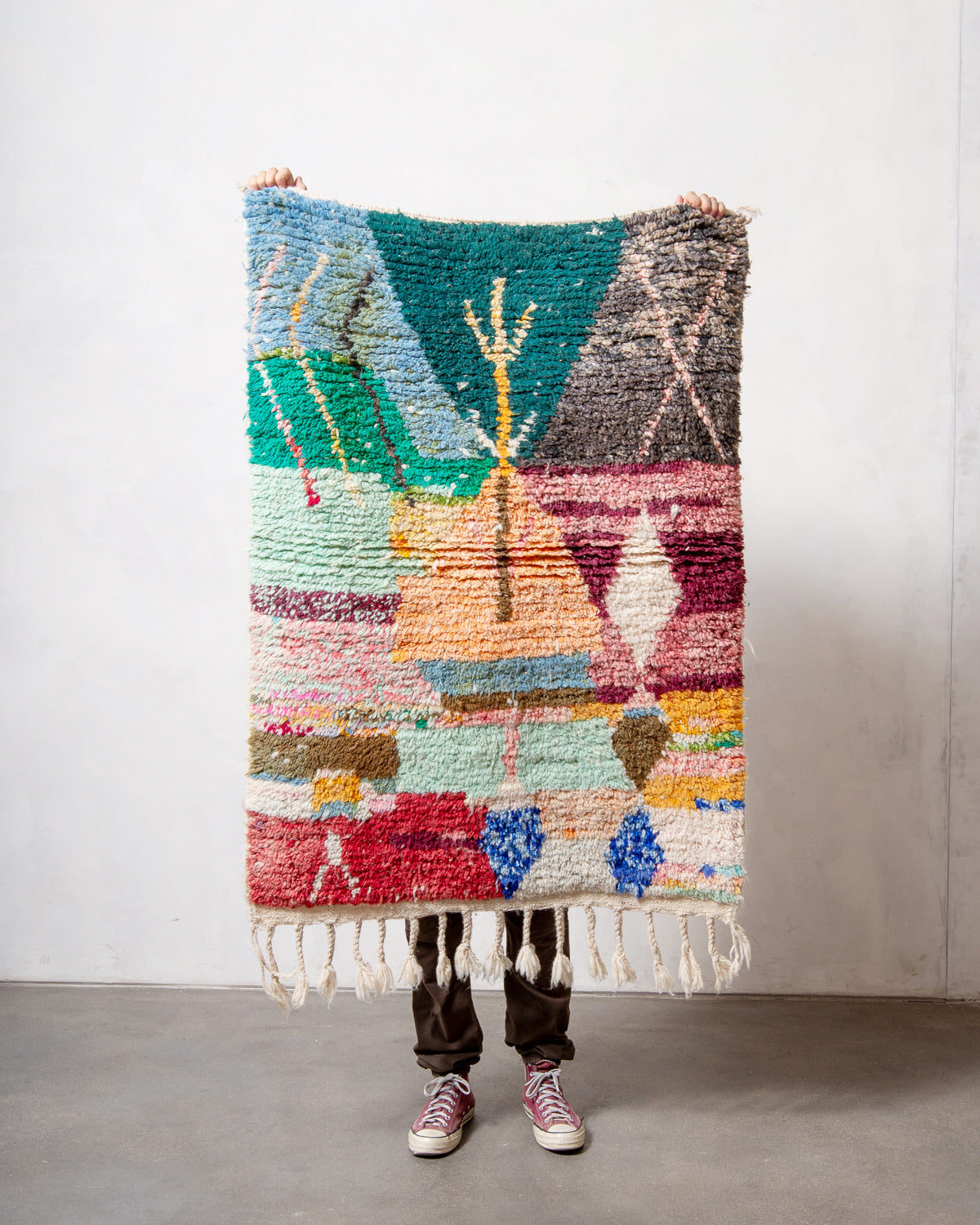 Modern, designer, handcrafted Berber rug from Morocco. Vintage carpet with beautiful colours and patterns and fluffy texture.