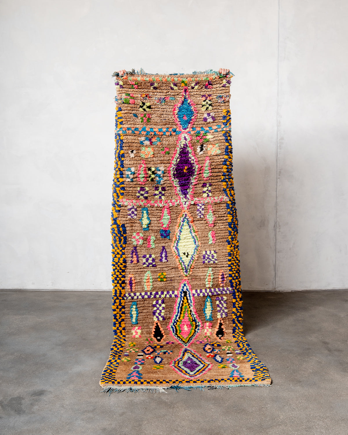 Modern, designer, handcrafted Berber runner rug from Morocco. Vintage carpet with beautiful colours and patterns and fluffy texture.