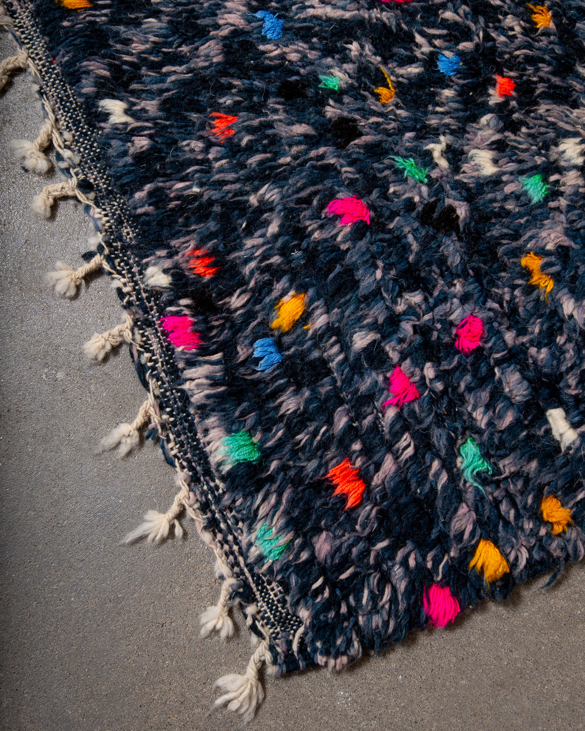 Modern, designer, handcrafted Berber rug from Morocco. Vintage carpet with beautiful colours and patterns and fluffy texture.