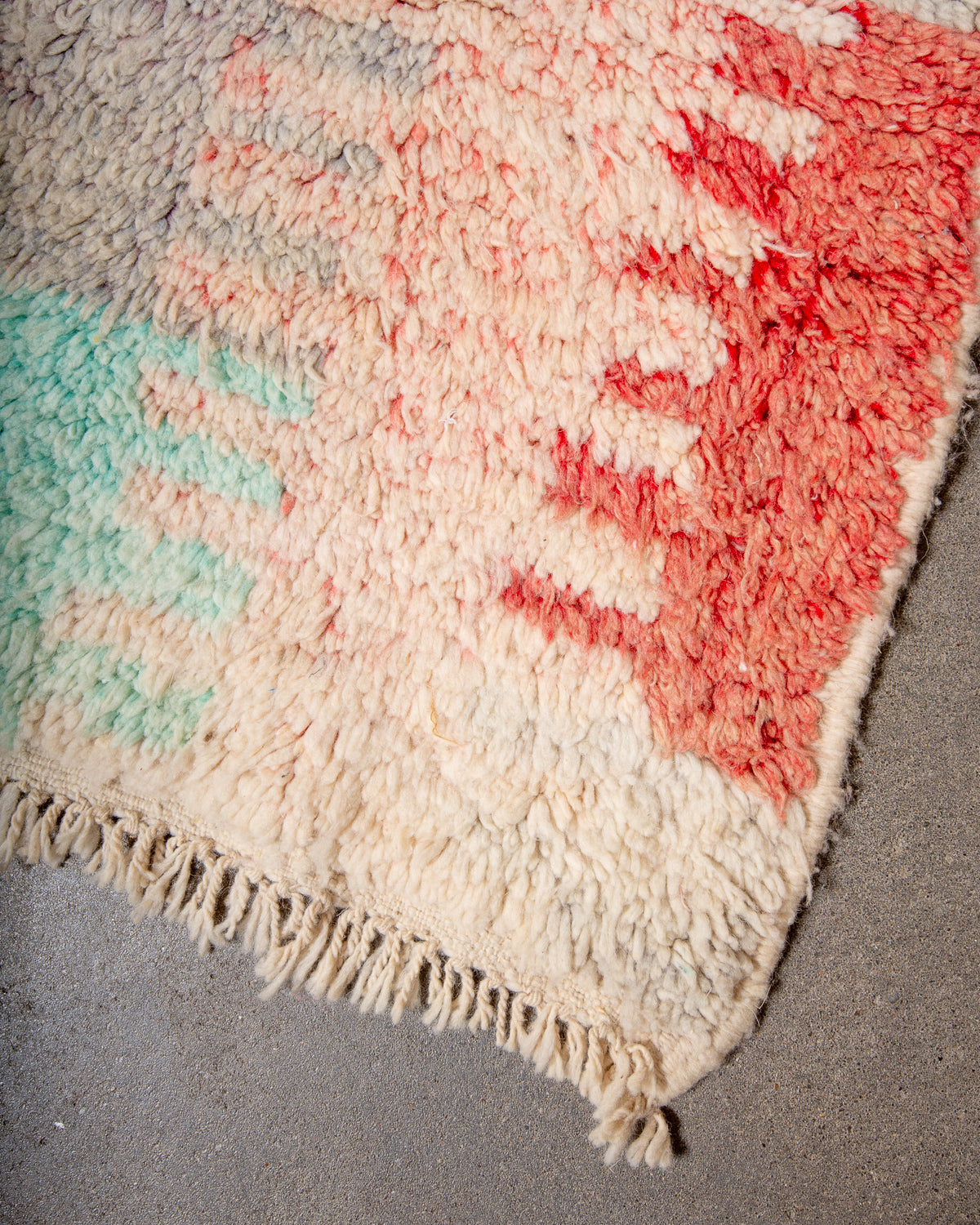 Modern, designer, handcrafted Berber rug from Morocco. Vintage carpet with beautiful colours and patterns and fluffy texture.