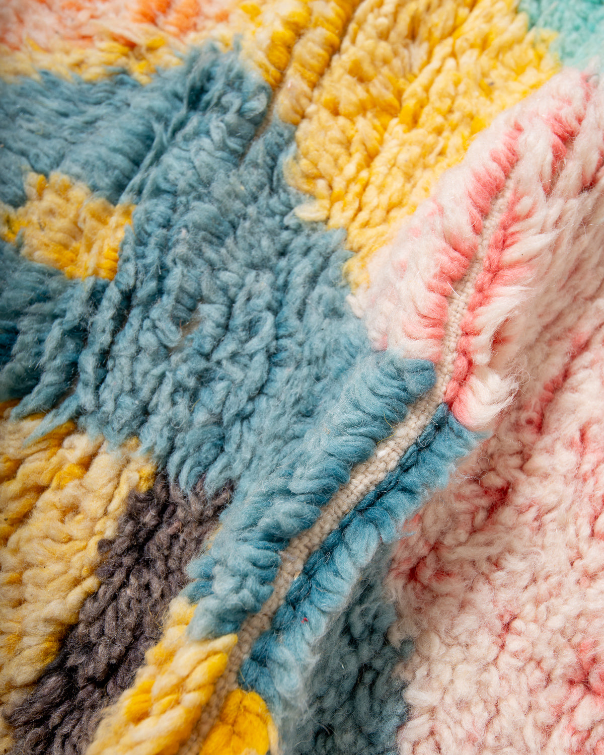 Modern, designer, handcrafted Berber rug from Morocco. Vintage carpet with beautiful colours and patterns and fluffy texture.