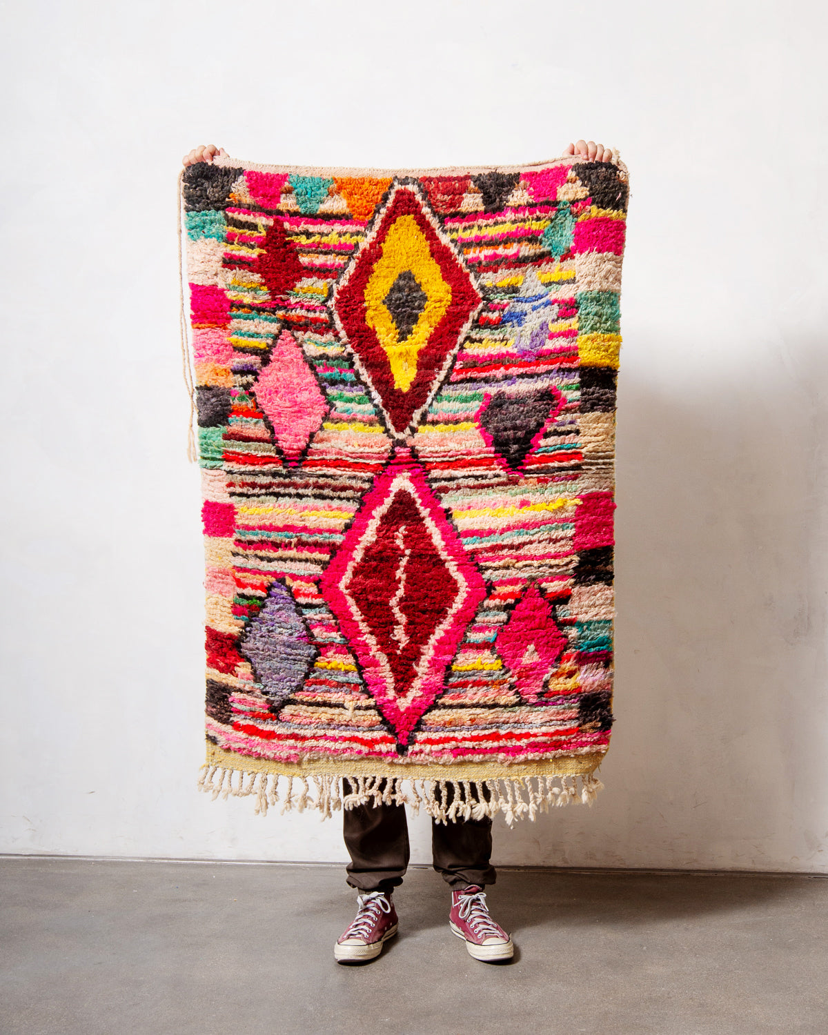 Modern, designer, handcrafted Berber rug from Morocco. Vintage carpet with beautiful colours and patterns and fluffy texture.