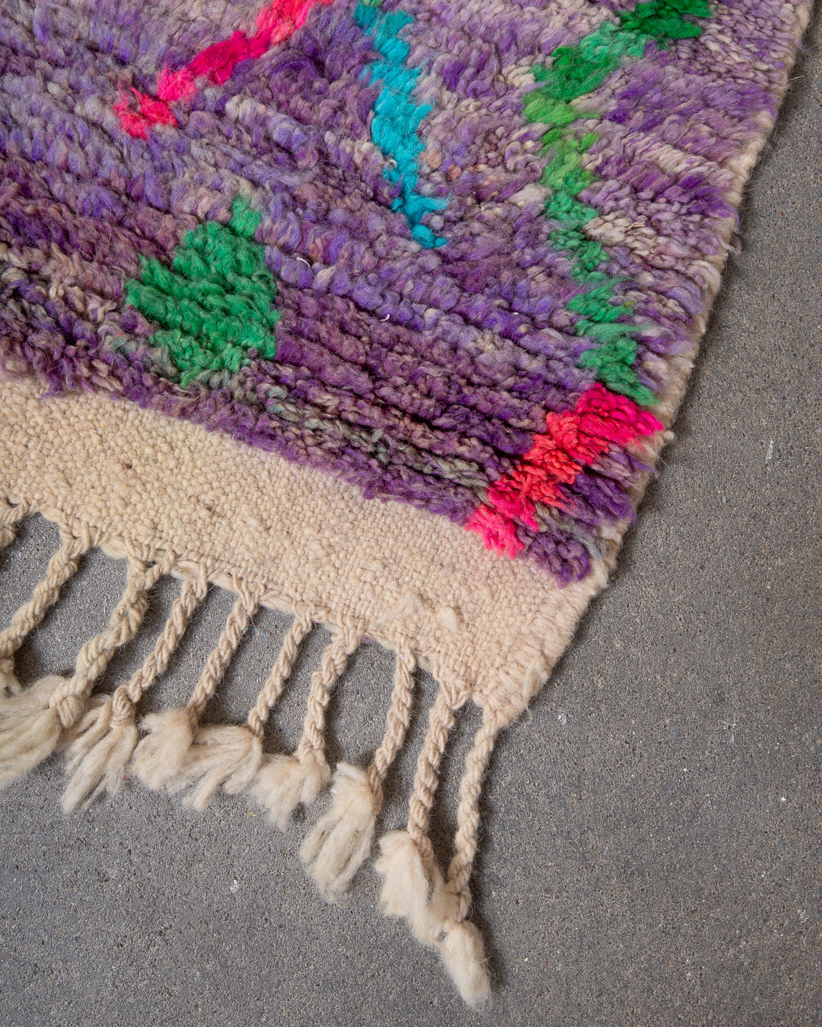 Modern, designer, handcrafted Berber rug from Morocco. Vintage carpet with beautiful colours and patterns and fluffy texture.