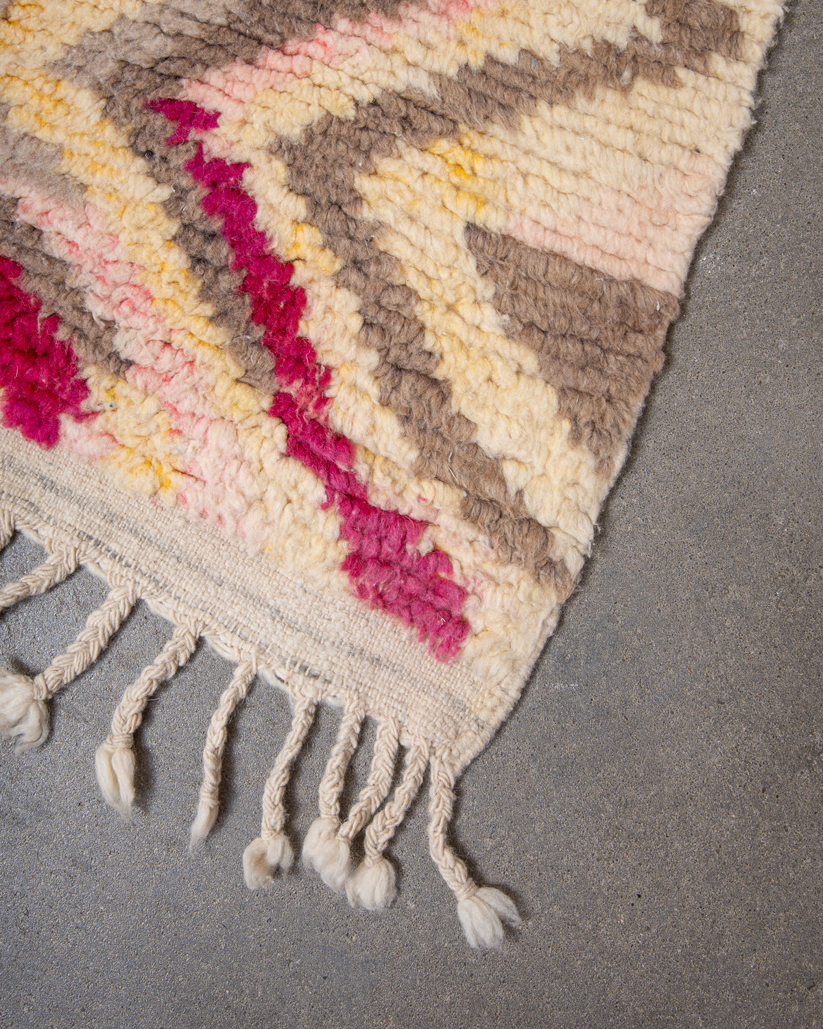 Modern, designer, handcrafted Berber rug from Morocco. Vintage carpet with beautiful colours and patterns and fluffy texture.