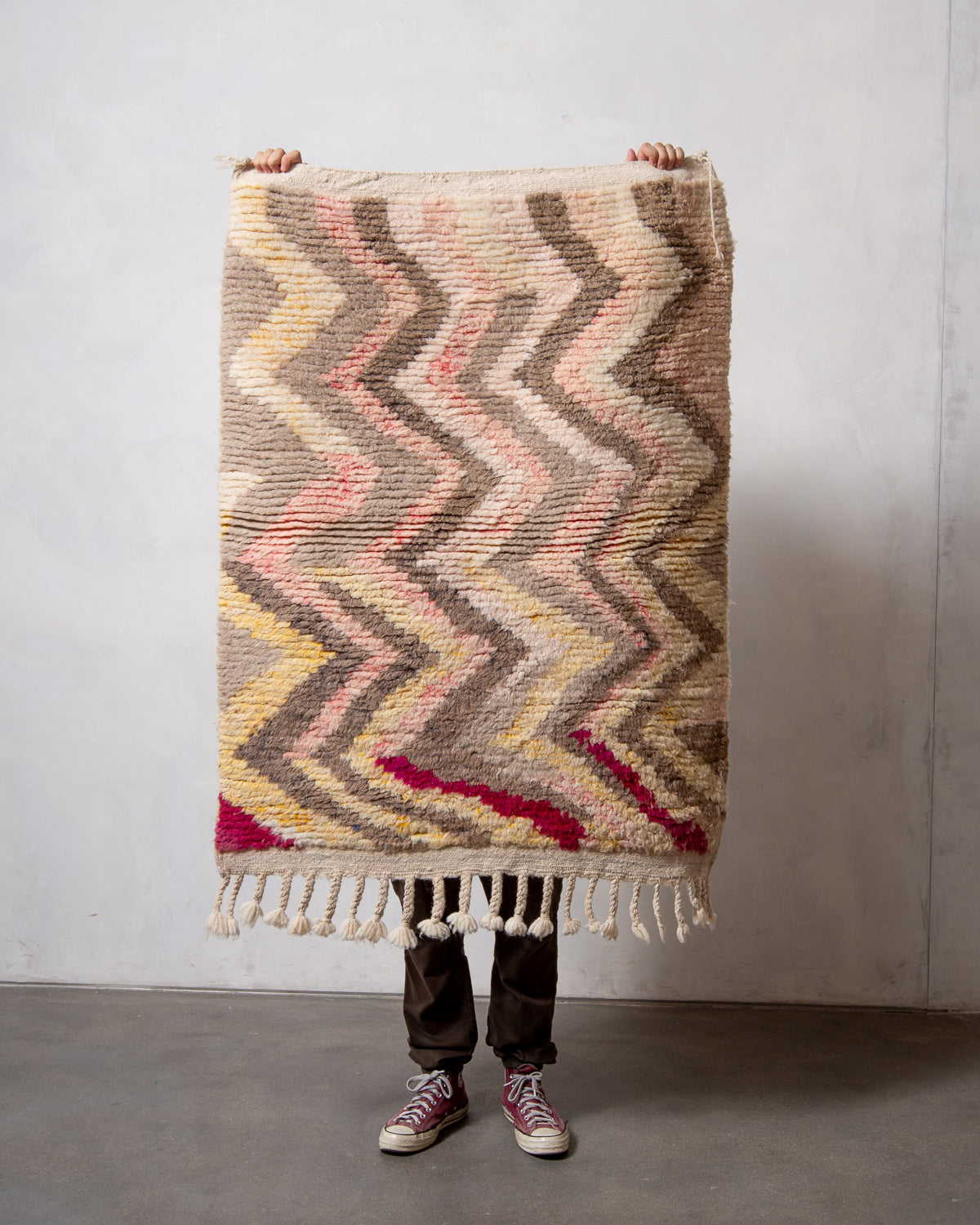 Modern, designer, handcrafted Berber rug from Morocco. Vintage carpet with beautiful colours and patterns and fluffy texture.