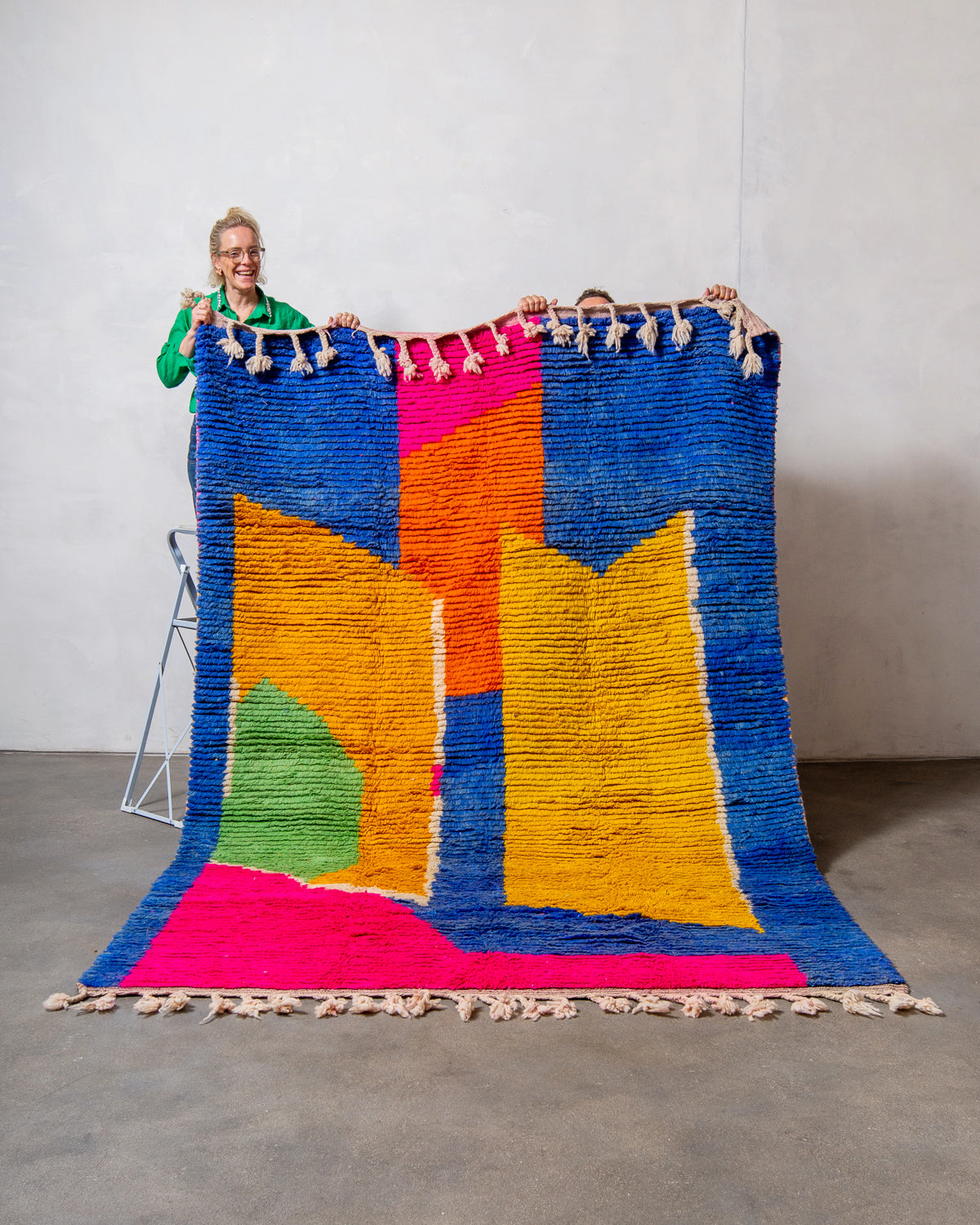 Modern, designer, handcrafted Berber rug from Morocco. Vintage carpet with beautiful colours and patterns and fluffy texture.