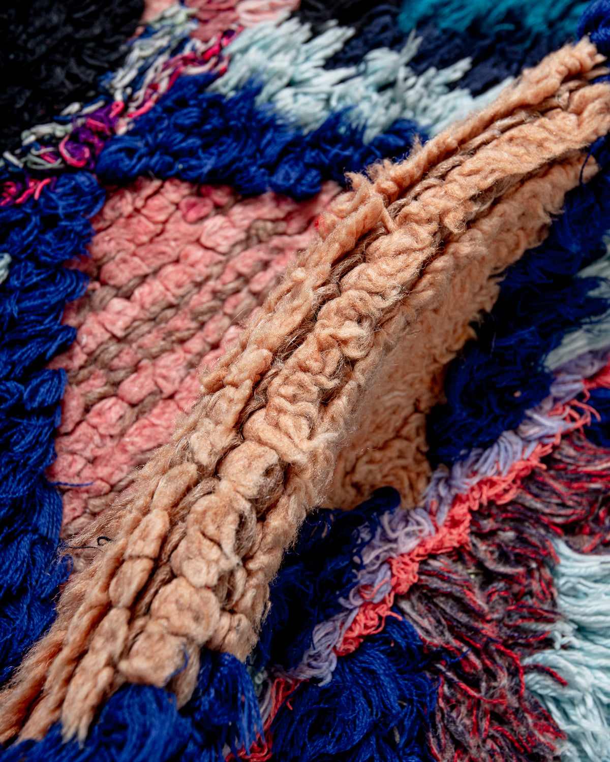 Modern, designer, handcrafted Berber runner rug from Morocco. Vintage carpet with beautiful colours and patterns and fluffy texture.