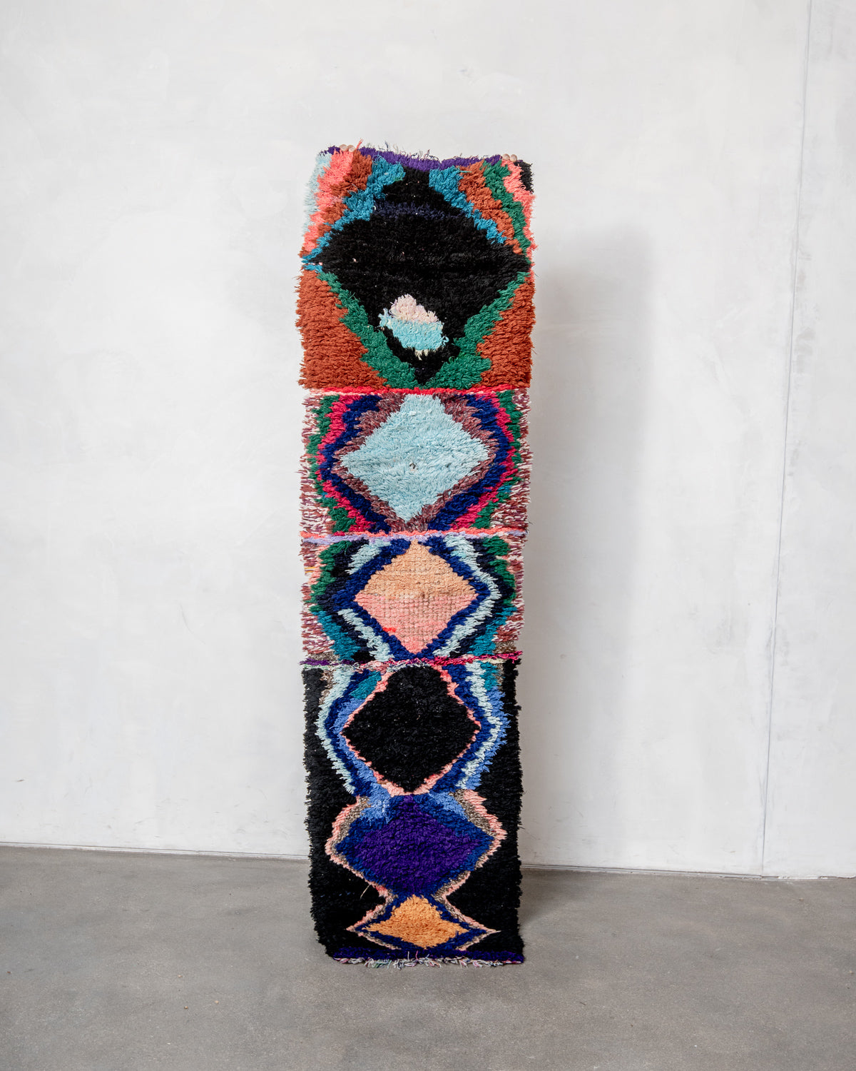 Modern, designer, handcrafted Berber runner rug from Morocco. Vintage carpet with beautiful colours and patterns and fluffy texture.