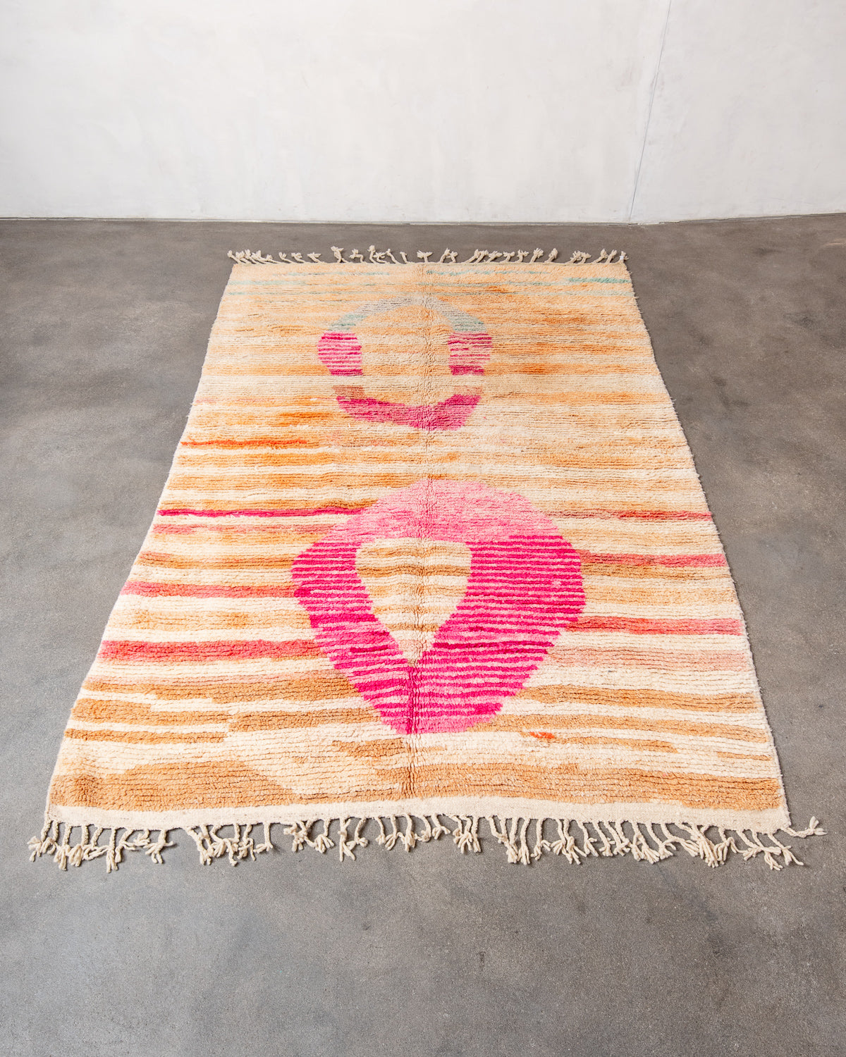 Modern, designer, handcrafted Berber rug from Morocco. Vintage carpet with beautiful colours and patterns and fluffy texture.