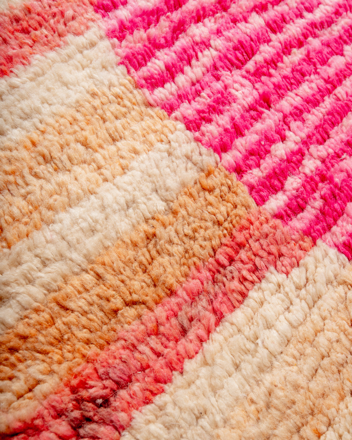 Modern, designer, handcrafted Berber rug from Morocco. Vintage carpet with beautiful colours and patterns and fluffy texture.