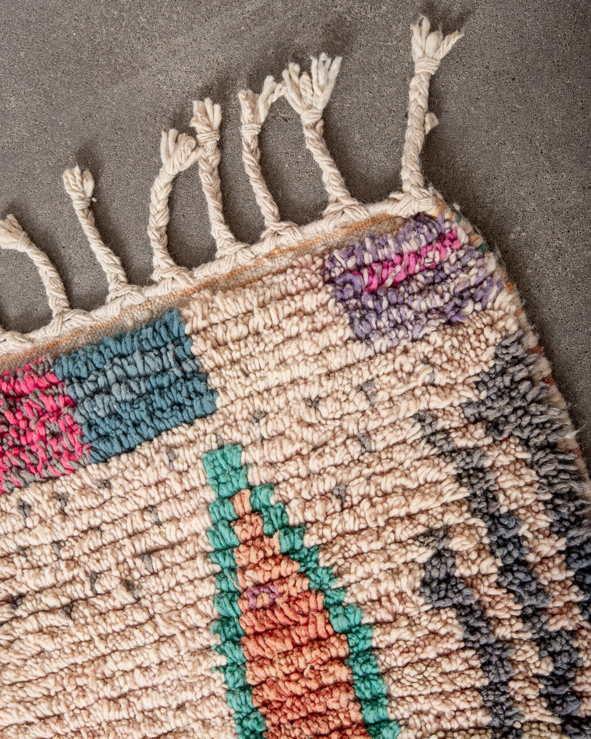 Modern, designer, handcrafted Berber rug from Morocco. Vintage carpet with beautiful colours and patterns and fluffy texture.
