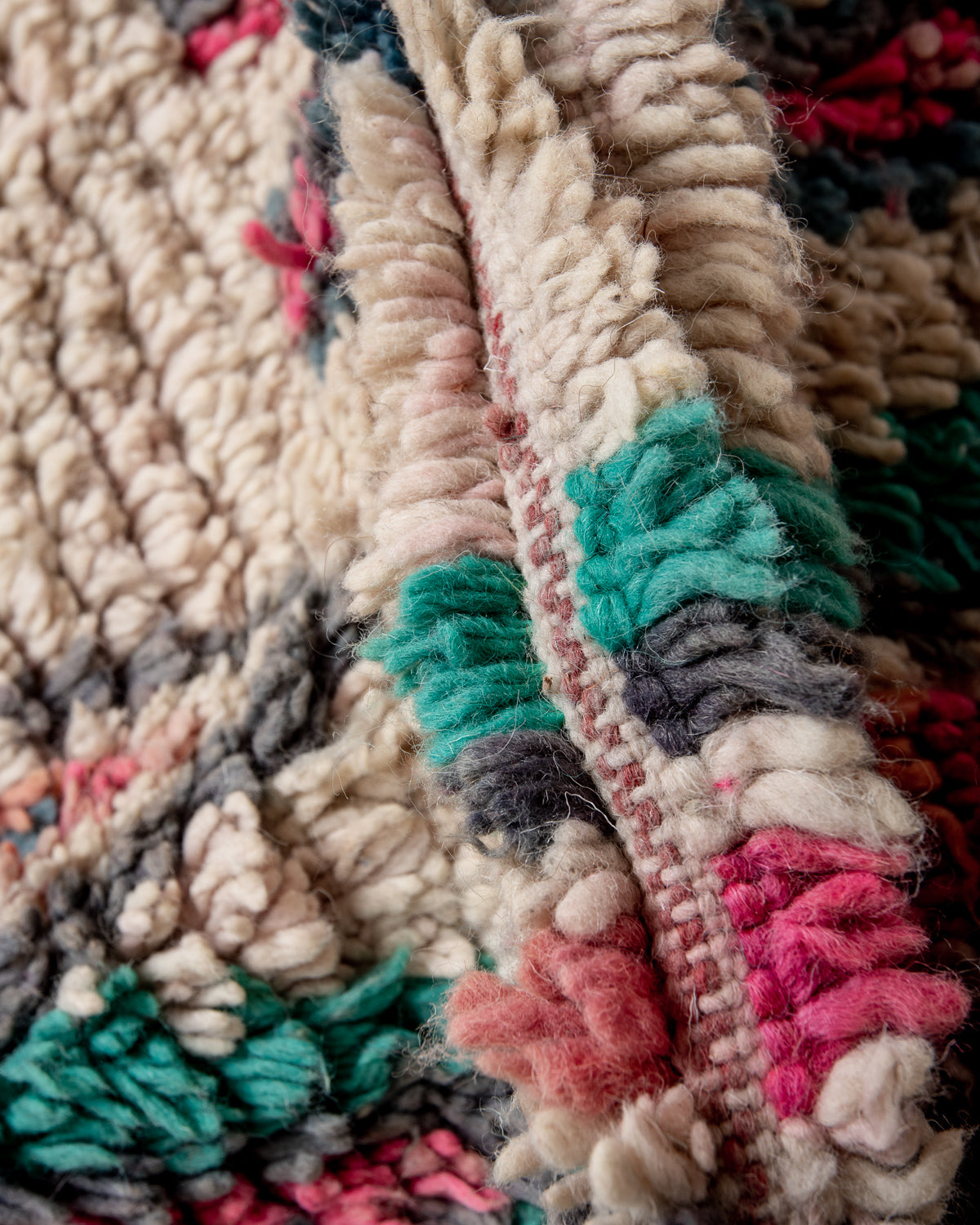 Modern, designer, handcrafted Berber rug from Morocco. Vintage carpet with beautiful colours and patterns and fluffy texture.