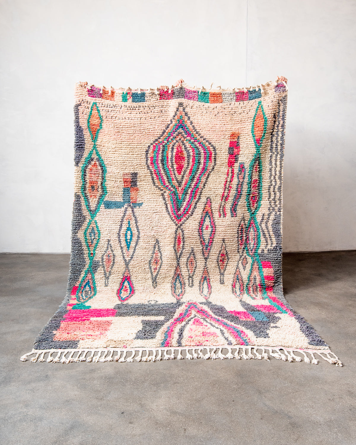 Modern, designer, handcrafted Berber rug from Morocco. Vintage carpet with beautiful colours and patterns and fluffy texture.