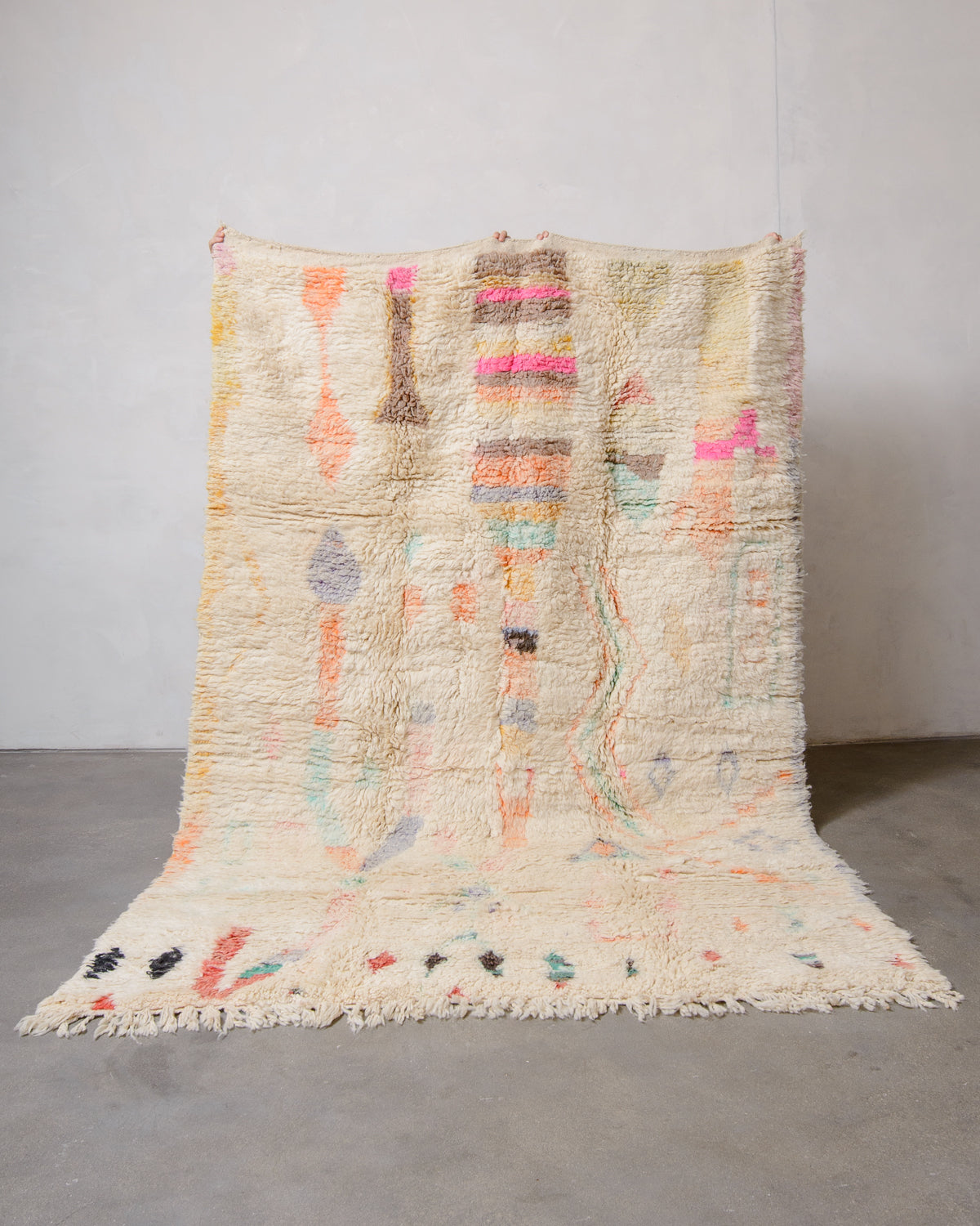 Modern, designer, handcrafted Berber rug from Morocco. Vintage carpet with beautiful colours and patterns and fluffy texture.