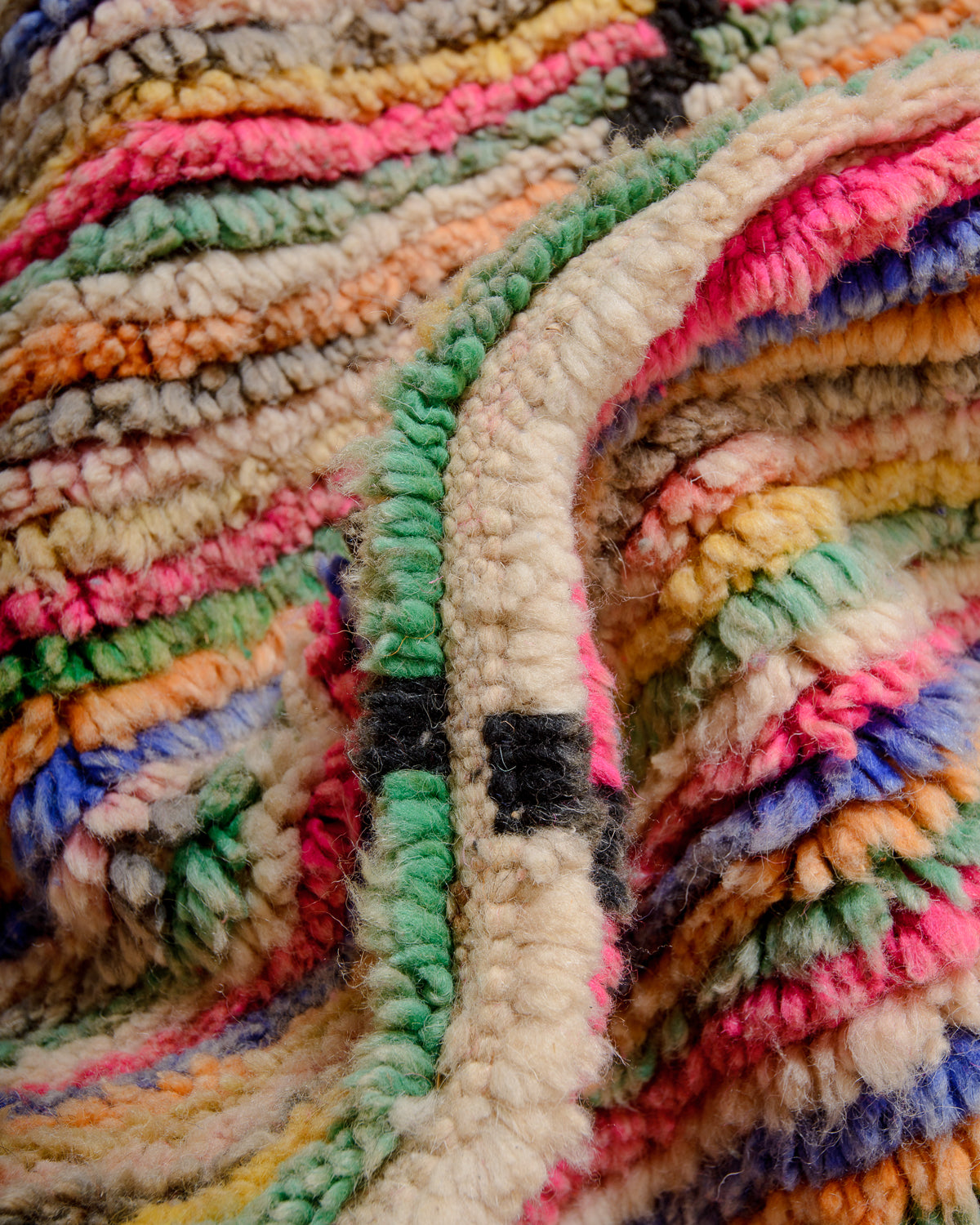 Modern, designer, handcrafted Berber rug from Morocco. Vintage carpet with beautiful colours and patterns and fluffy texture.