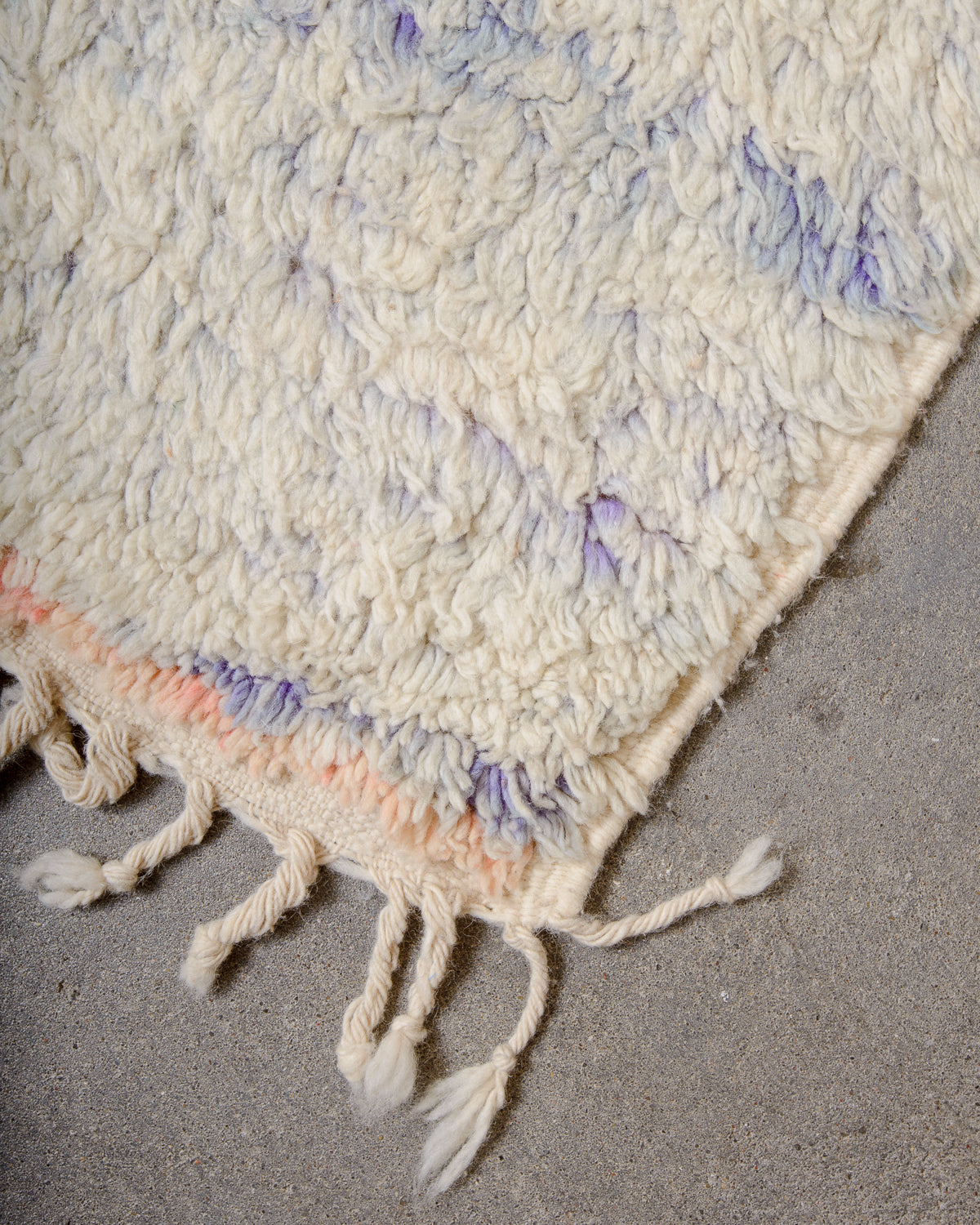 Modern, designer, handcrafted Berber rug from Morocco. Vintage carpet with beautiful colours and patterns and fluffy texture.