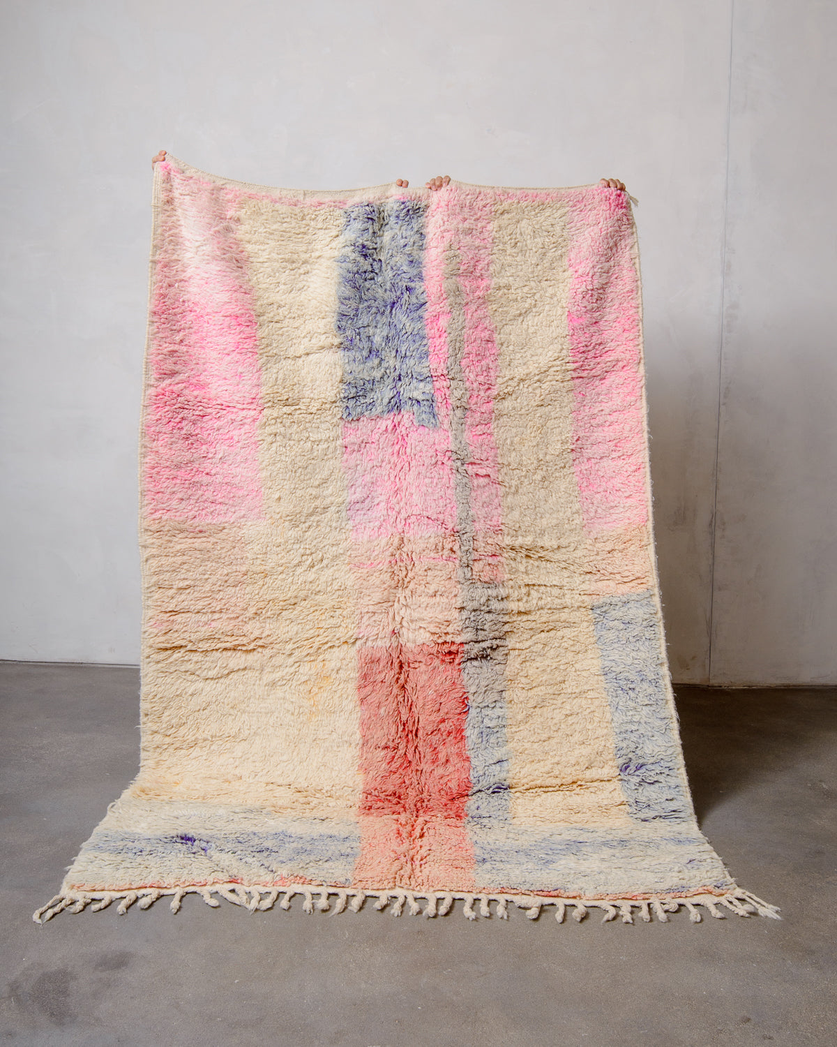 Modern, designer, handcrafted Berber rug from Morocco. Vintage carpet with beautiful colours and patterns and fluffy texture.