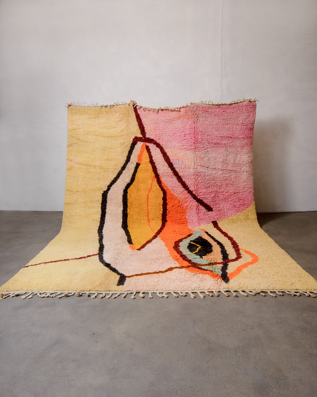 Modern, designer, handcrafted Berber rug from Morocco. Vintage carpet with beautiful colours and patterns and fluffy texture.