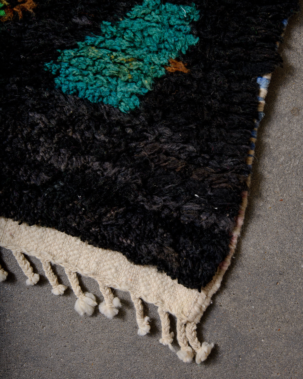 Modern, designer, handcrafted Berber rug from Morocco. Vintage carpet with beautiful colours and patterns and fluffy texture.