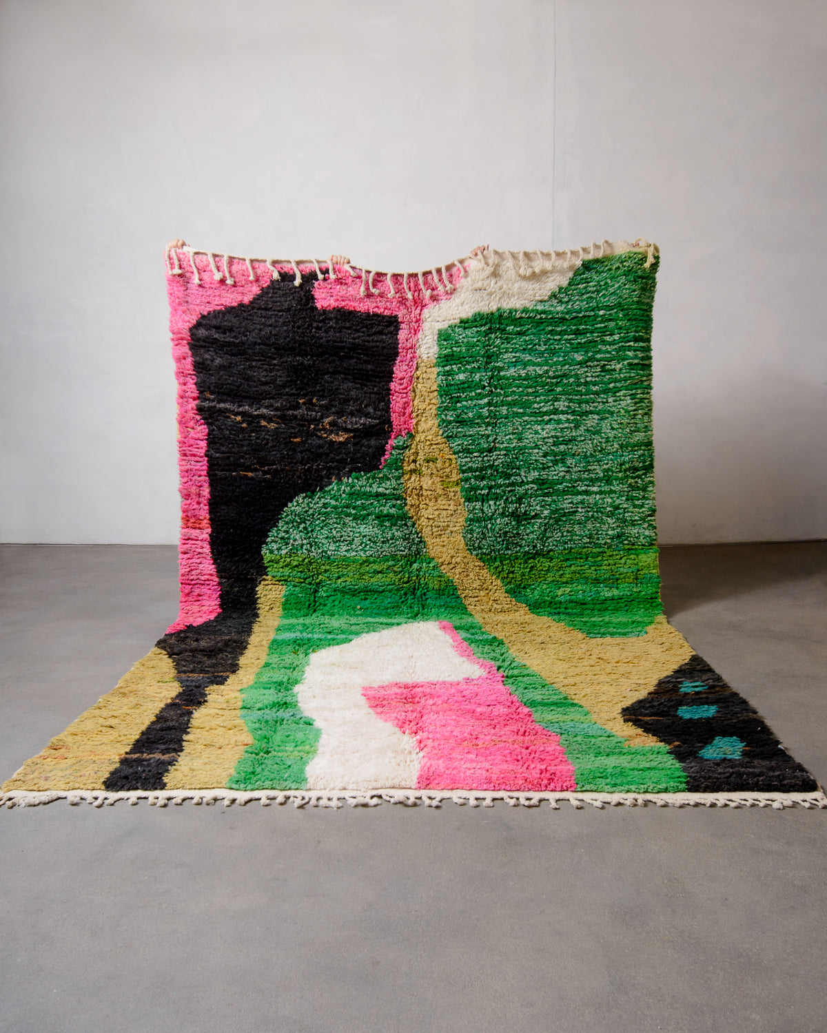 Modern, designer, handcrafted Berber rug from Morocco. Vintage carpet with beautiful colours and patterns and fluffy texture.