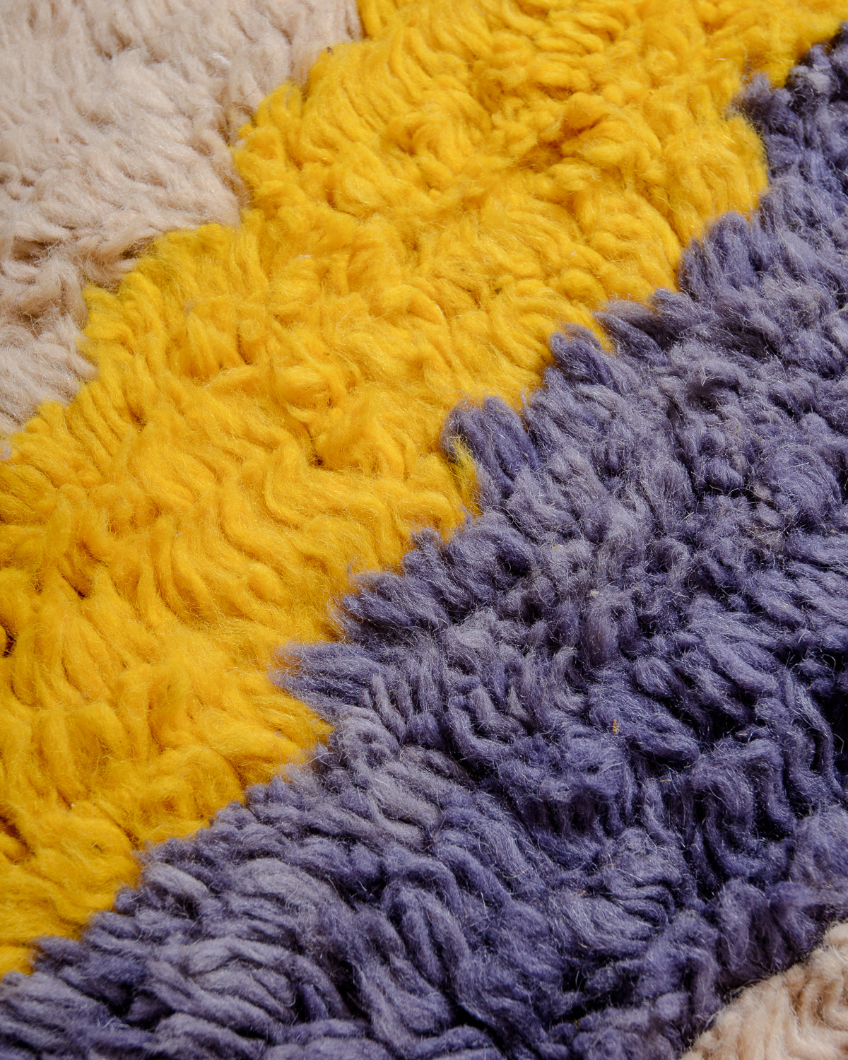 Modern, designer, handcrafted Berber rug from Morocco. Vintage carpet with beautiful colours and patterns and fluffy texture.