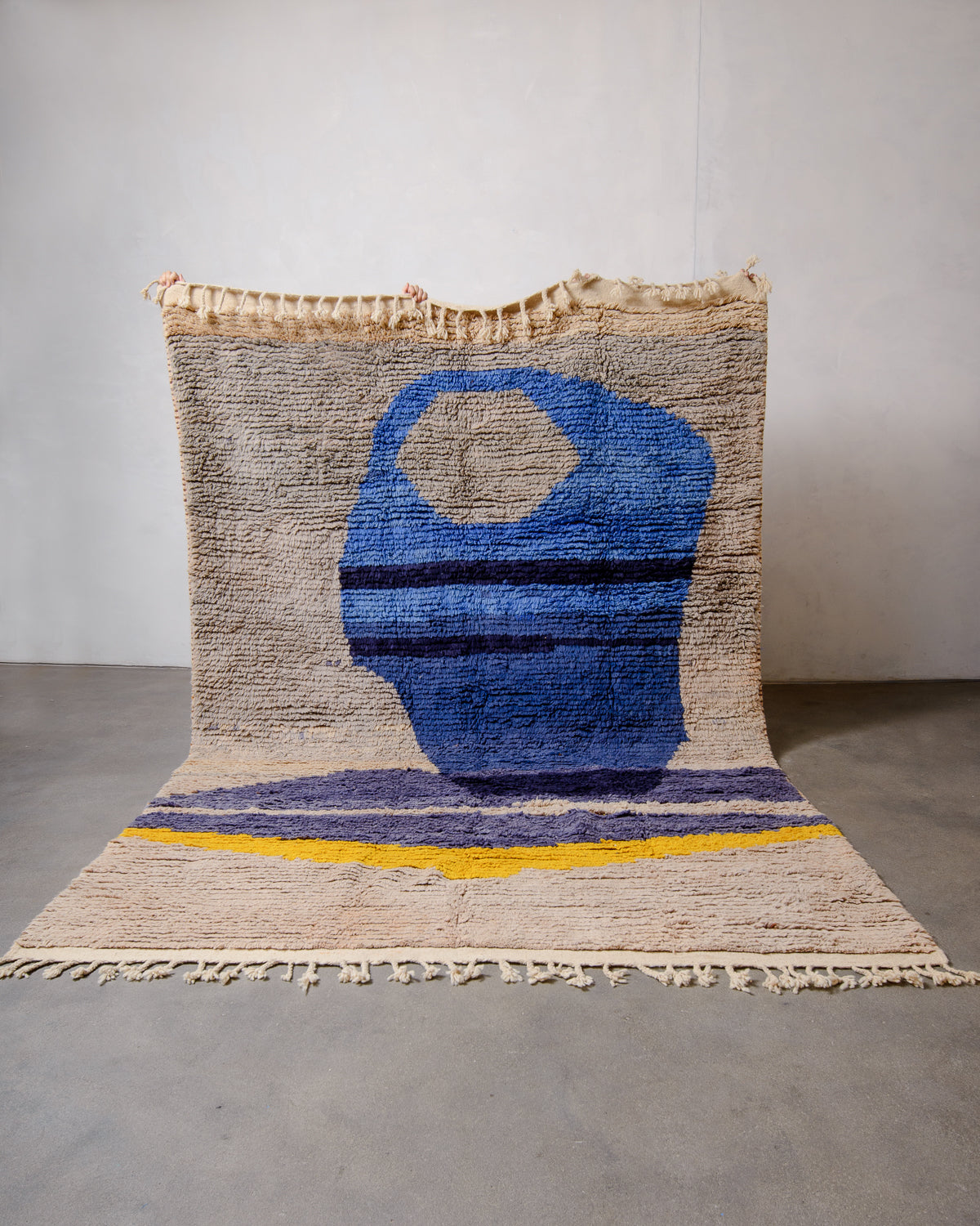 Modern, designer, handcrafted Berber rug from Morocco. Vintage carpet with beautiful colours and patterns and fluffy texture.