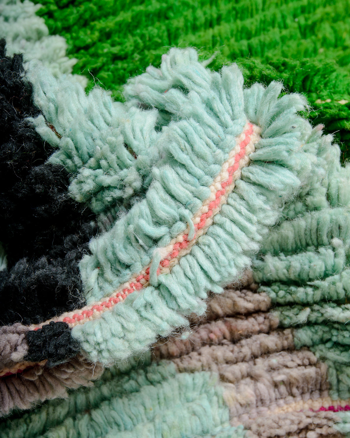 Modern, designer, handcrafted Berber rug from Morocco. Vintage carpet with beautiful colours and patterns and fluffy texture.