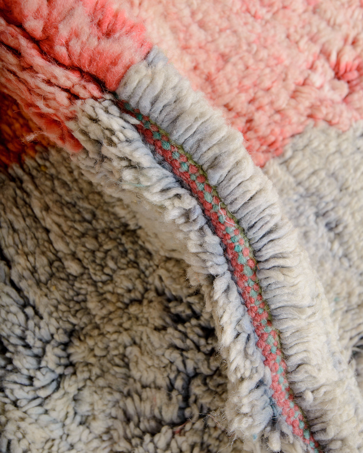 Modern, designer, handcrafted Berber rug from Morocco. Vintage carpet with beautiful colours and patterns and fluffy texture.