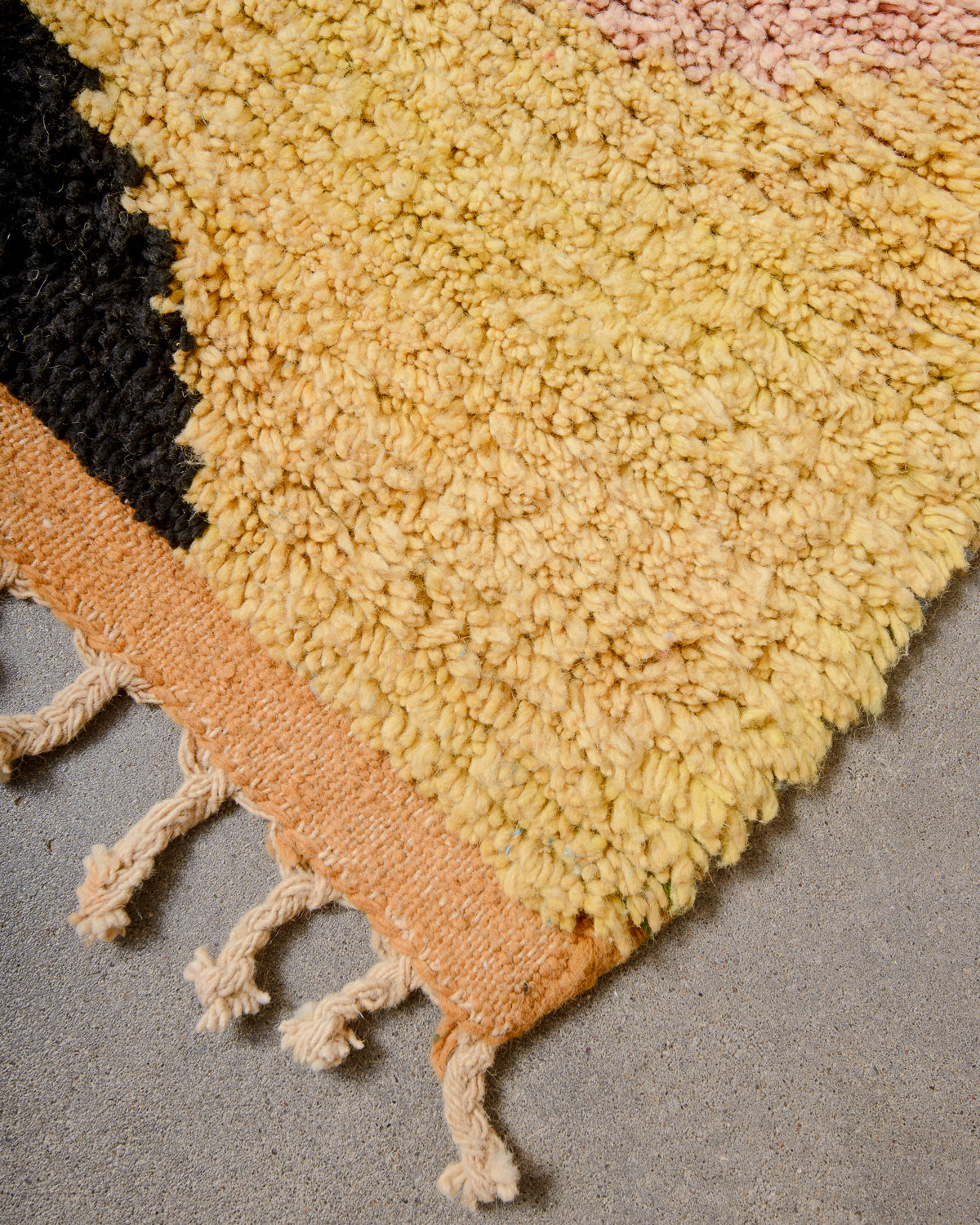 Modern, designer, handcrafted Berber rug from Morocco. Vintage carpet with beautiful colours and patterns and fluffy texture.