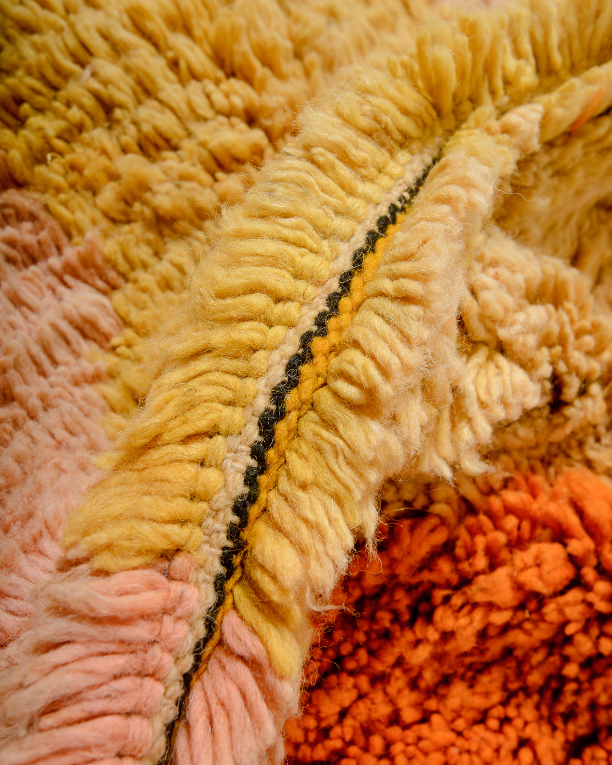 Modern, designer, handcrafted Berber rug from Morocco. Vintage carpet with beautiful colours and patterns and fluffy texture.