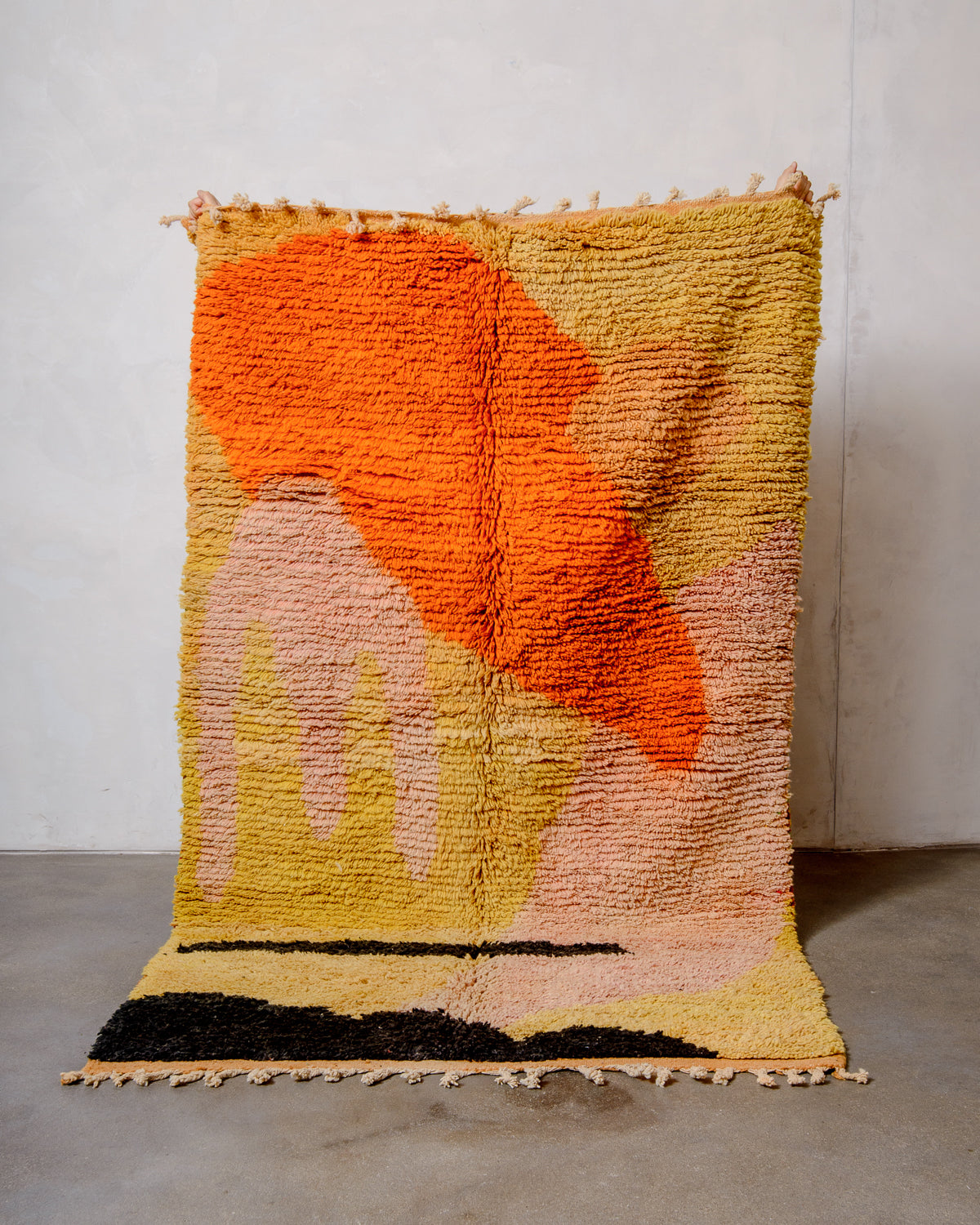 Modern, designer, handcrafted Berber rug from Morocco. Vintage carpet with beautiful colours and patterns and fluffy texture.