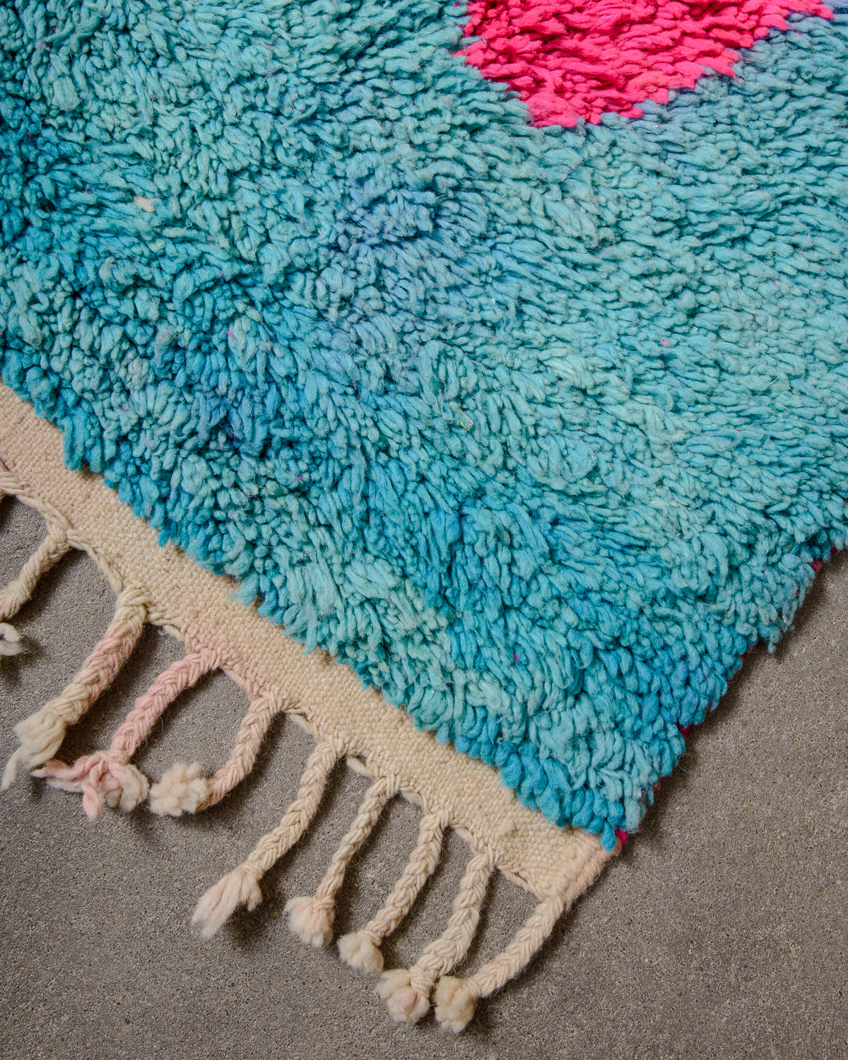 Modern, designer, handcrafted Berber rug from Morocco. Vintage carpet with beautiful colours and patterns and fluffy texture.